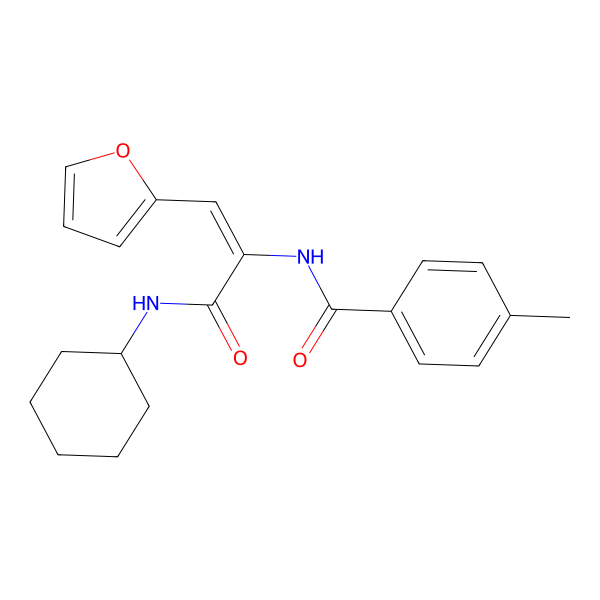 N-[3-(cyclohexylamino)-1-(furan-2-yl)-3-oxoprop-1-en-2-yl]-4-methylbenzamide molecular structure, CAS 5367-23-7