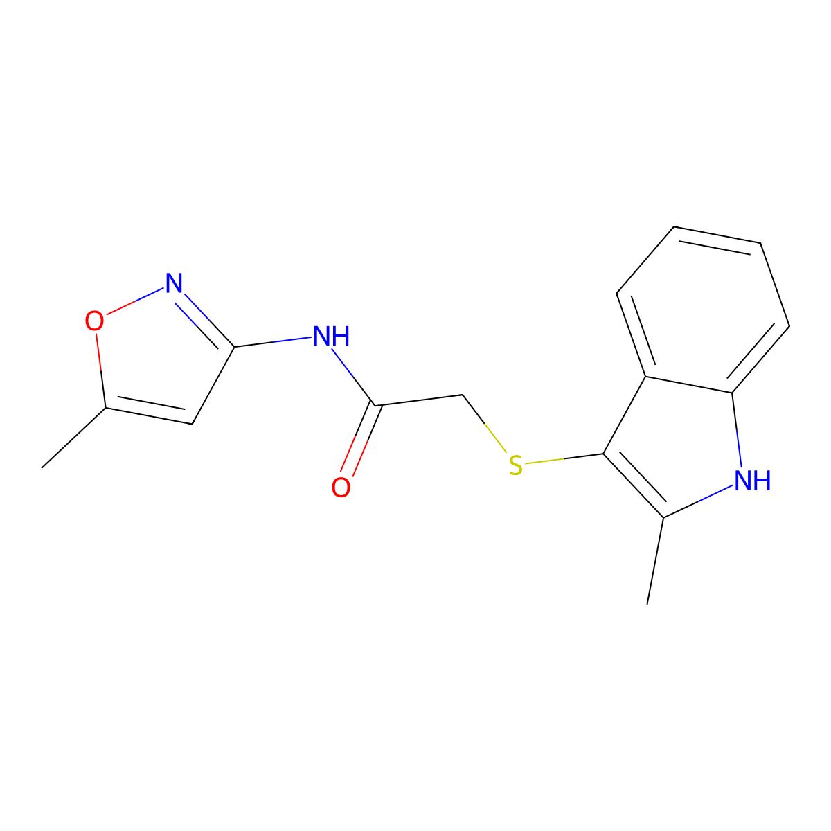2-((2-methyl-1H-indol-3-yl)thio)-N-(5-methylisoxazol-3-yl)acetamide molecular structure, CAS 536702-04-2