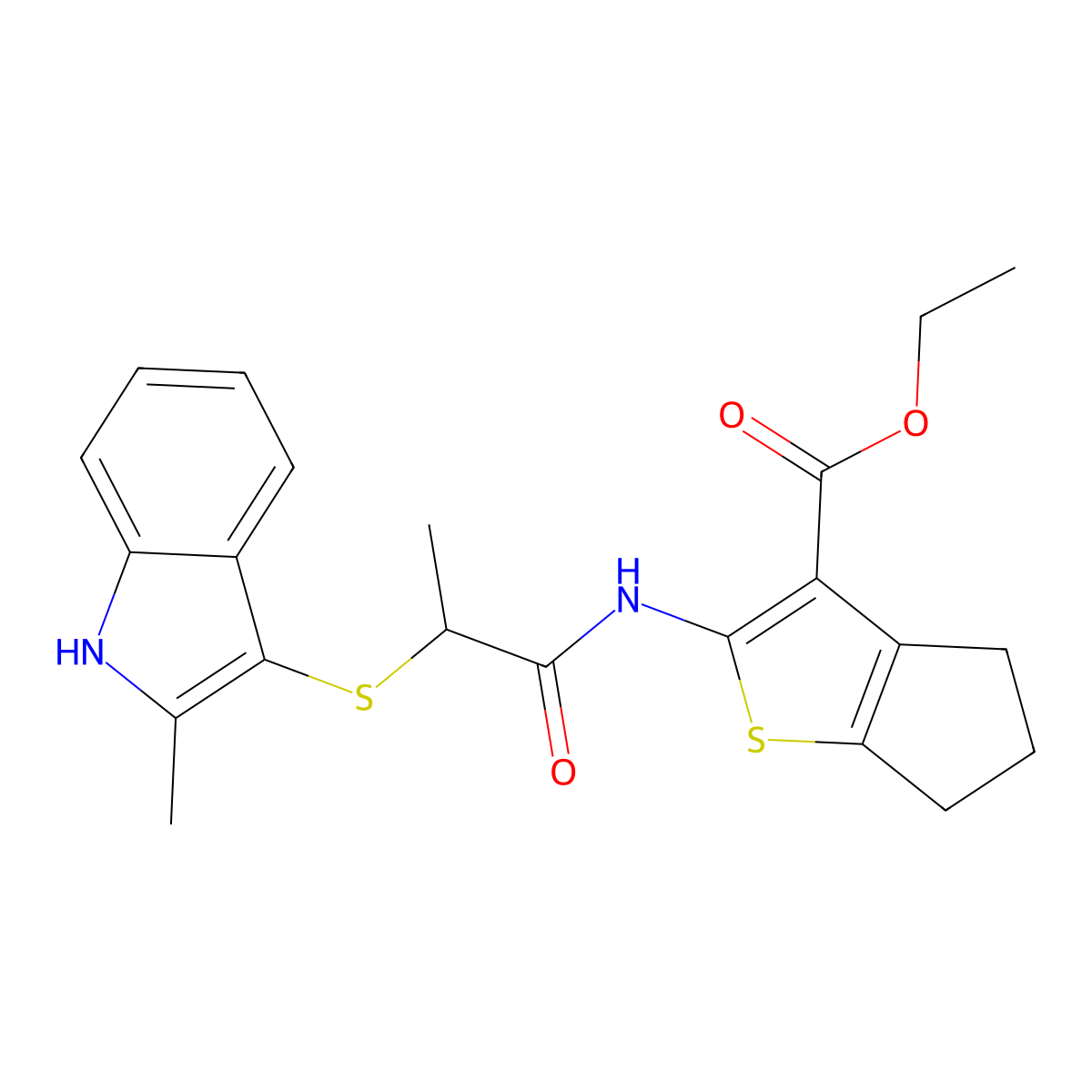 ethyl 2-(2-((2-methyl-1H-indol-3-yl)thio)propanamido)-5,6-dihydro-4H-cyclopenta[b]thiophene-3-carboxylate molecular structure, CAS 536702-08-6