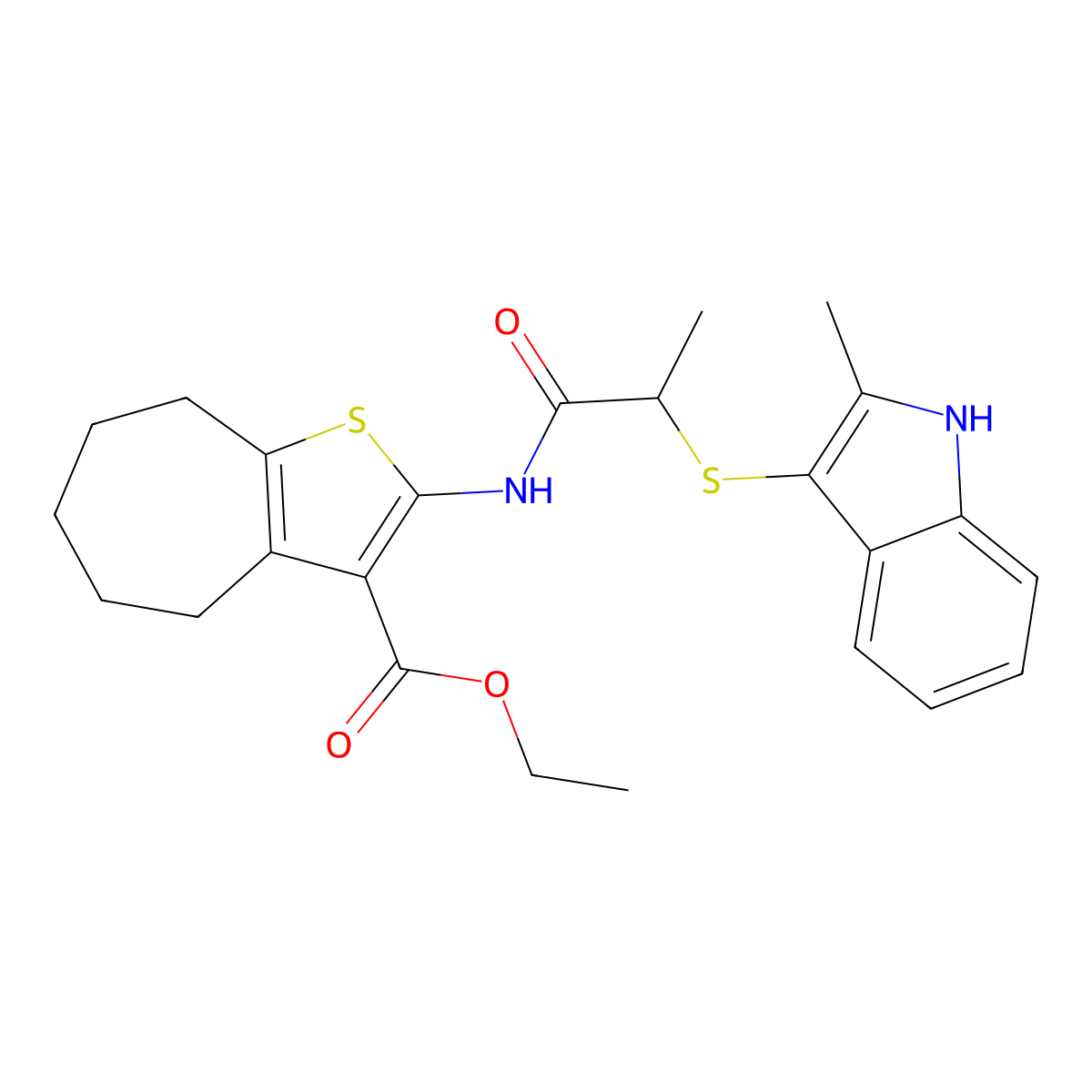 ethyl 2-[2-[(2-methyl-1H-indol-3-yl)sulfanyl]propanoylamino]-5,6,7,8-tetrahydro-4H-cyclohepta[b]thiophene-3-carboxylate molecular structure, CAS 536702-10-0