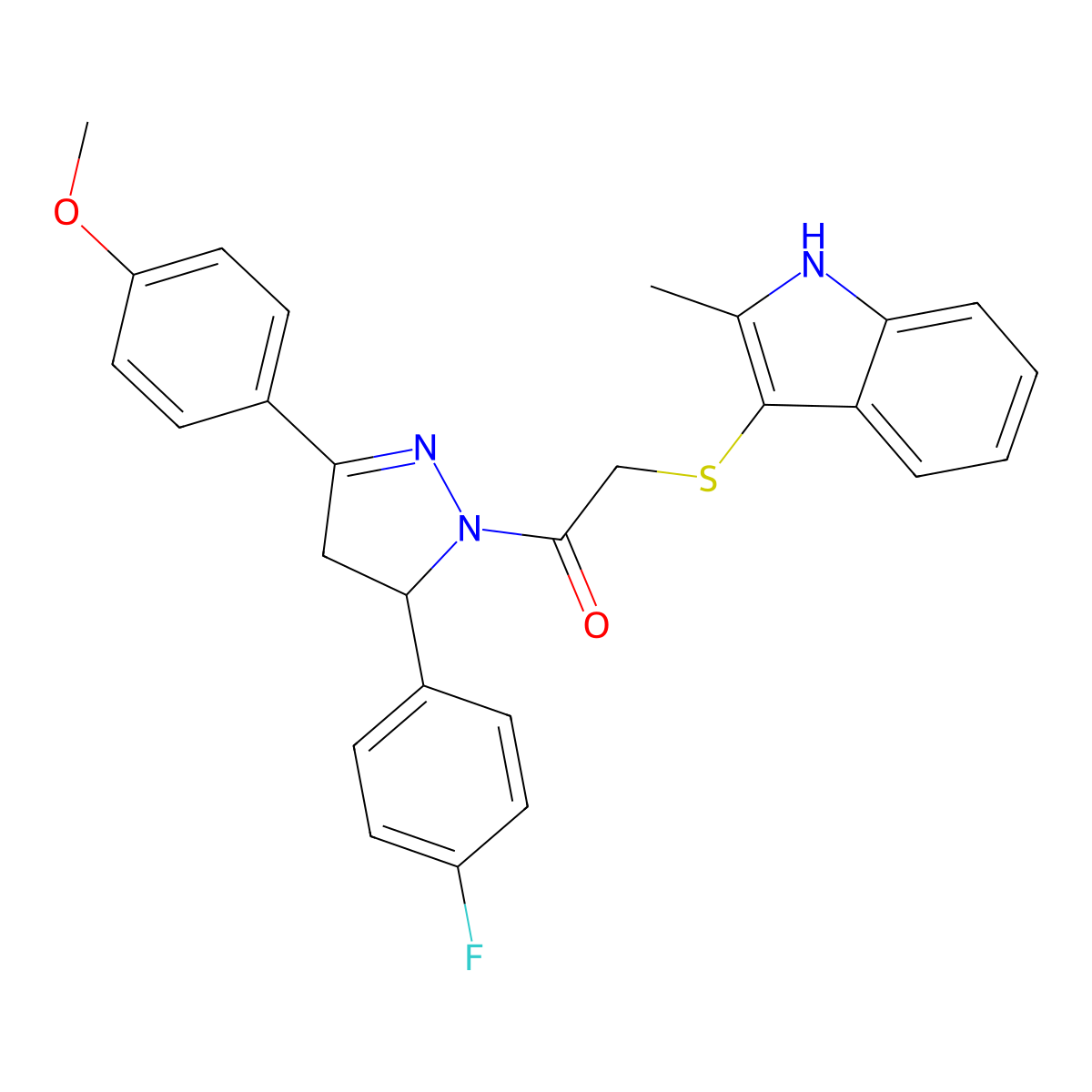 1-(5-(4-fluorophenyl)-3-(4-methoxyphenyl)-4,5-dihydro-1H-pyrazol-1-yl)-2-((2-methyl-1H-indol-3-yl)thio)ethanone molecular structure, CAS 536702-12-2