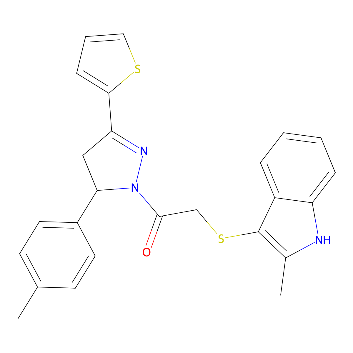 2-((2-methyl-1H-indol-3-yl)thio)-1-(3-(thiophen-2-yl)-5-(p-tolyl)-4,5-dihydro-1H-pyrazol-1-yl)ethanone molecular structure, CAS 536702-15-5