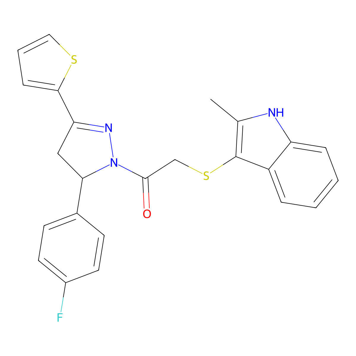 1-[3-(4-fluorophenyl)-5-thiophen-2-yl-3,4-dihydropyrazol-2-yl]-2-[(2-methyl-1H-indol-3-yl)sulfanyl]ethanone molecular structure, CAS 536702-16-6