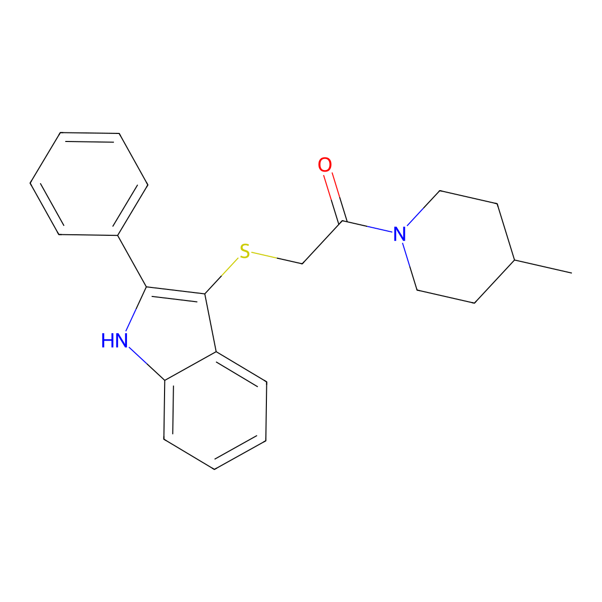 1-(4-methylpiperidin-1-yl)-2-((2-phenyl-1H-indol-3-yl)thio)ethanone molecular structure, CAS 536702-49-5