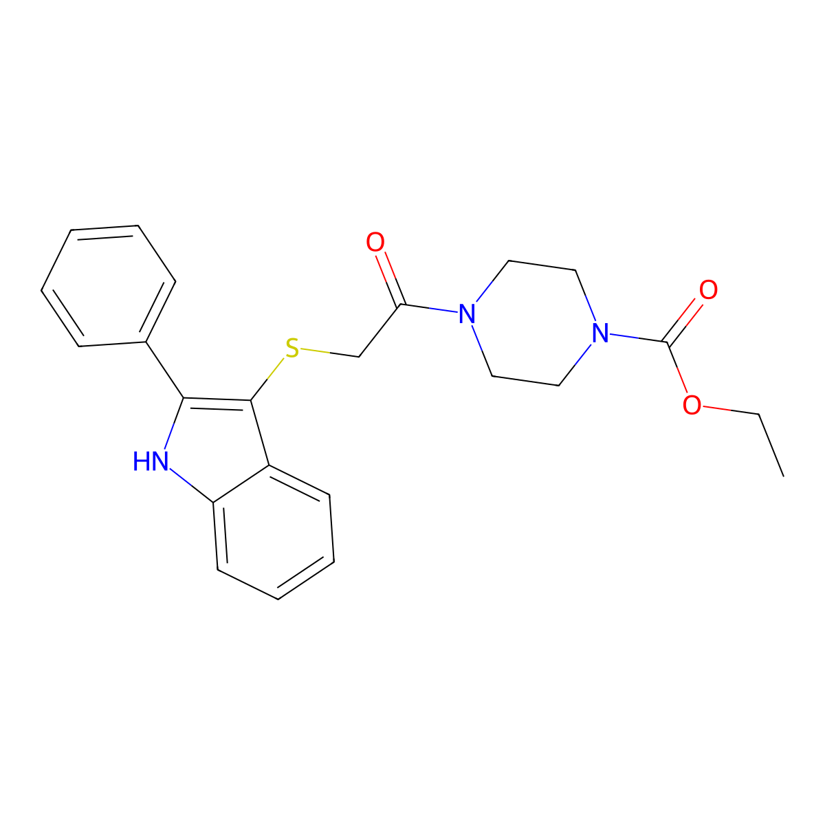 ethyl 4-(2-((2-phenyl-1H-indol-3-yl)thio)acetyl)piperazine-1-carboxylate molecular structure, CAS 536702-52-0