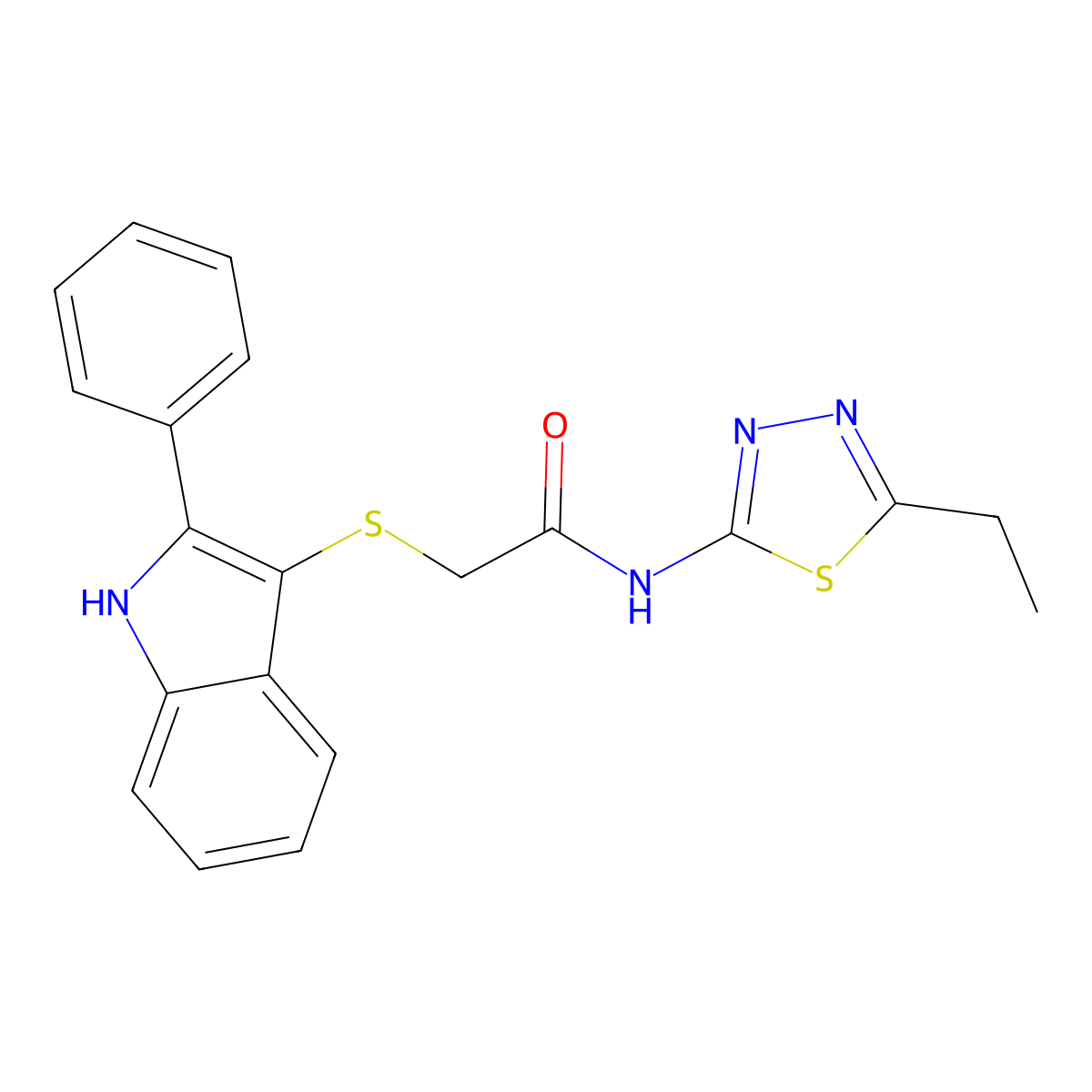 N-(5-ethyl-1,3,4-thiadiazol-2-yl)-2-[(2-phenyl-1H-indol-3-yl)sulfanyl]acetamide molecular structure, CAS 536702-56-4