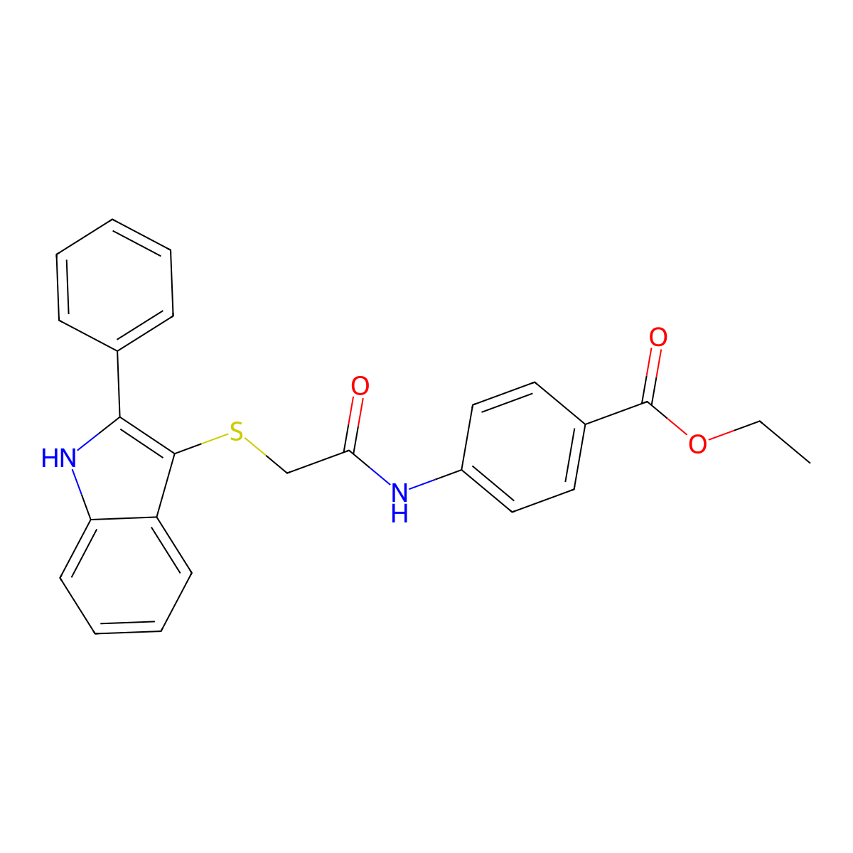 ethyl 4-(2-((2-phenyl-1H-indol-3-yl)thio)acetamido)benzoate molecular structure, CAS 536702-60-0
