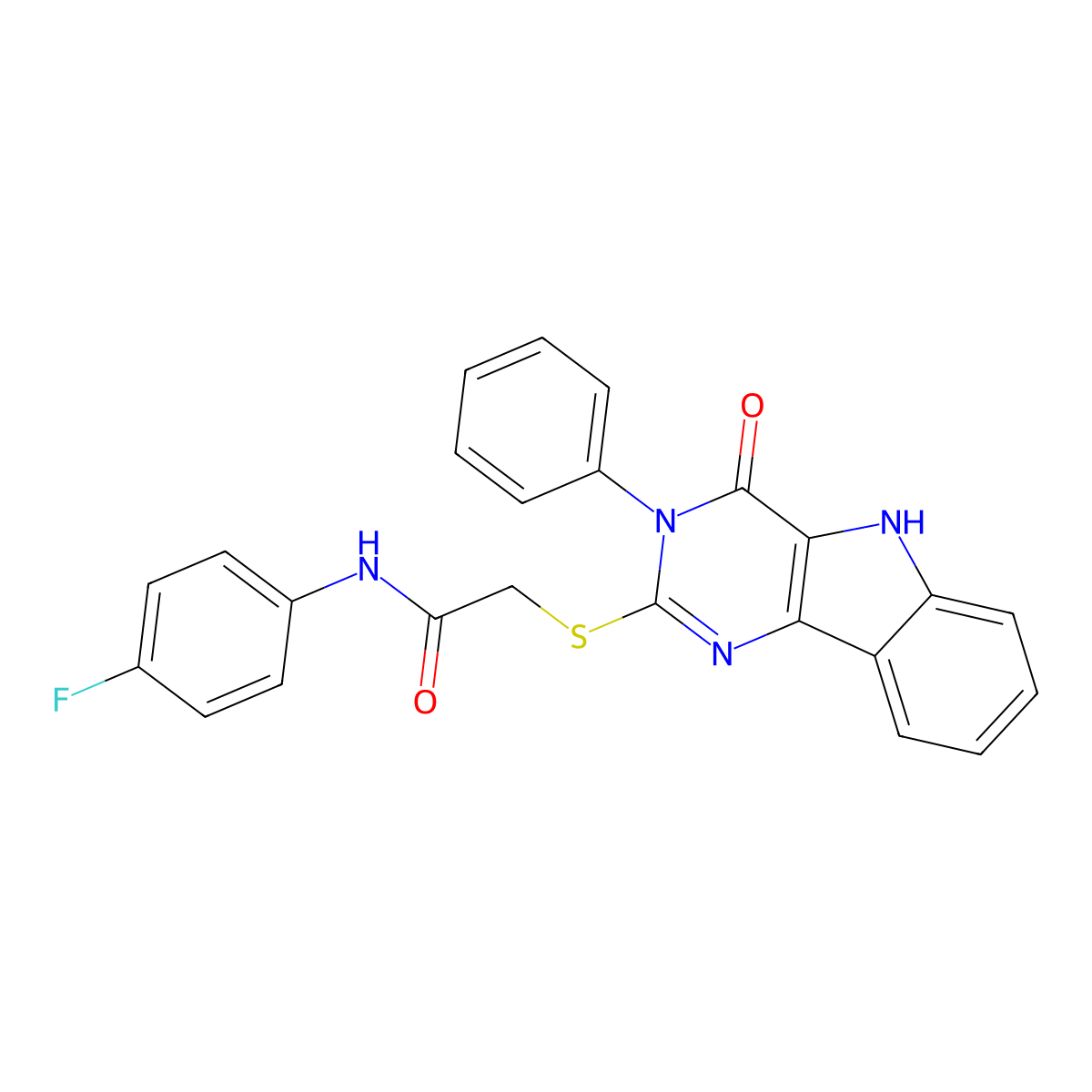 N-(4-fluorophenyl)-2-((4-oxo-3-phenyl-4,5-dihydro-3H-pyrimido[5,4-b]indol-2-yl)thio)acetamide molecular structure, CAS 536703-58-9