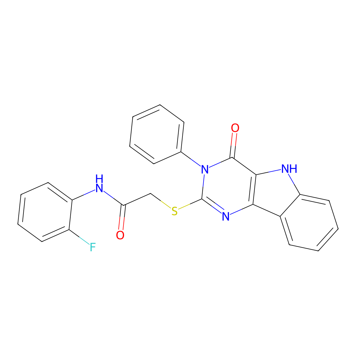 N-(2-fluorophenyl)-2-((4-oxo-3-phenyl-4,5-dihydro-3H-pyrimido[5,4-b]indol-2-yl)thio)acetamide molecular structure, CAS 536703-59-0