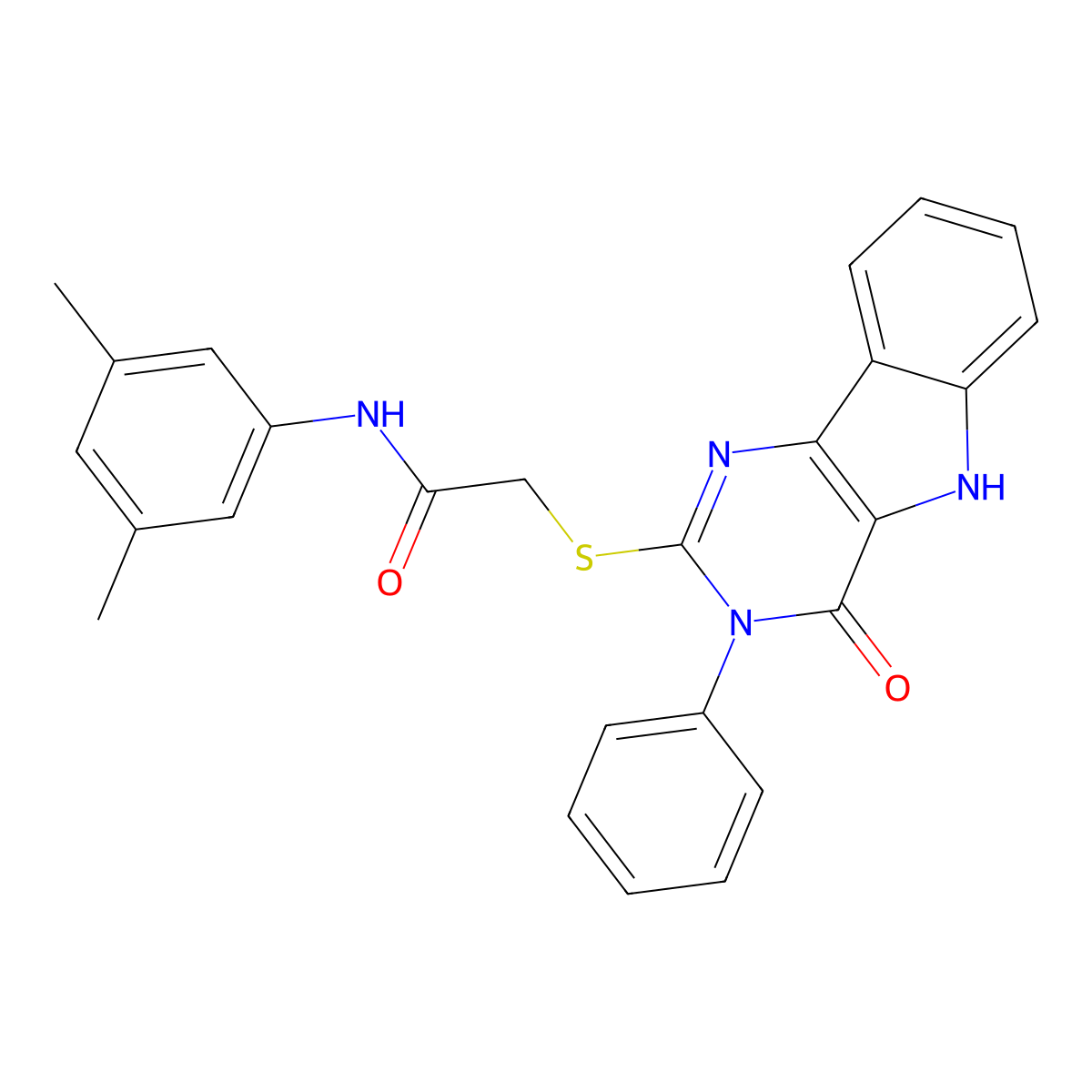 N-(3,5-dimethylphenyl)-2-((4-oxo-3-phenyl-4,5-dihydro-3H-pyrimido[5,4-b]indol-2-yl)thio)acetamide molecular structure, CAS 536703-66-9