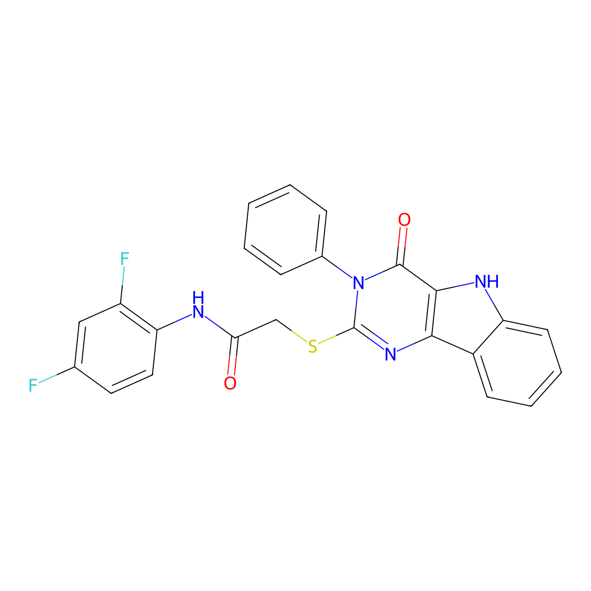 N-(2,4-difluorophenyl)-2-[(4-oxo-3-phenyl-5H-pyrimido[5,4-b]indol-2-yl)sulfanyl]acetamide molecular structure, CAS 536703-71-6