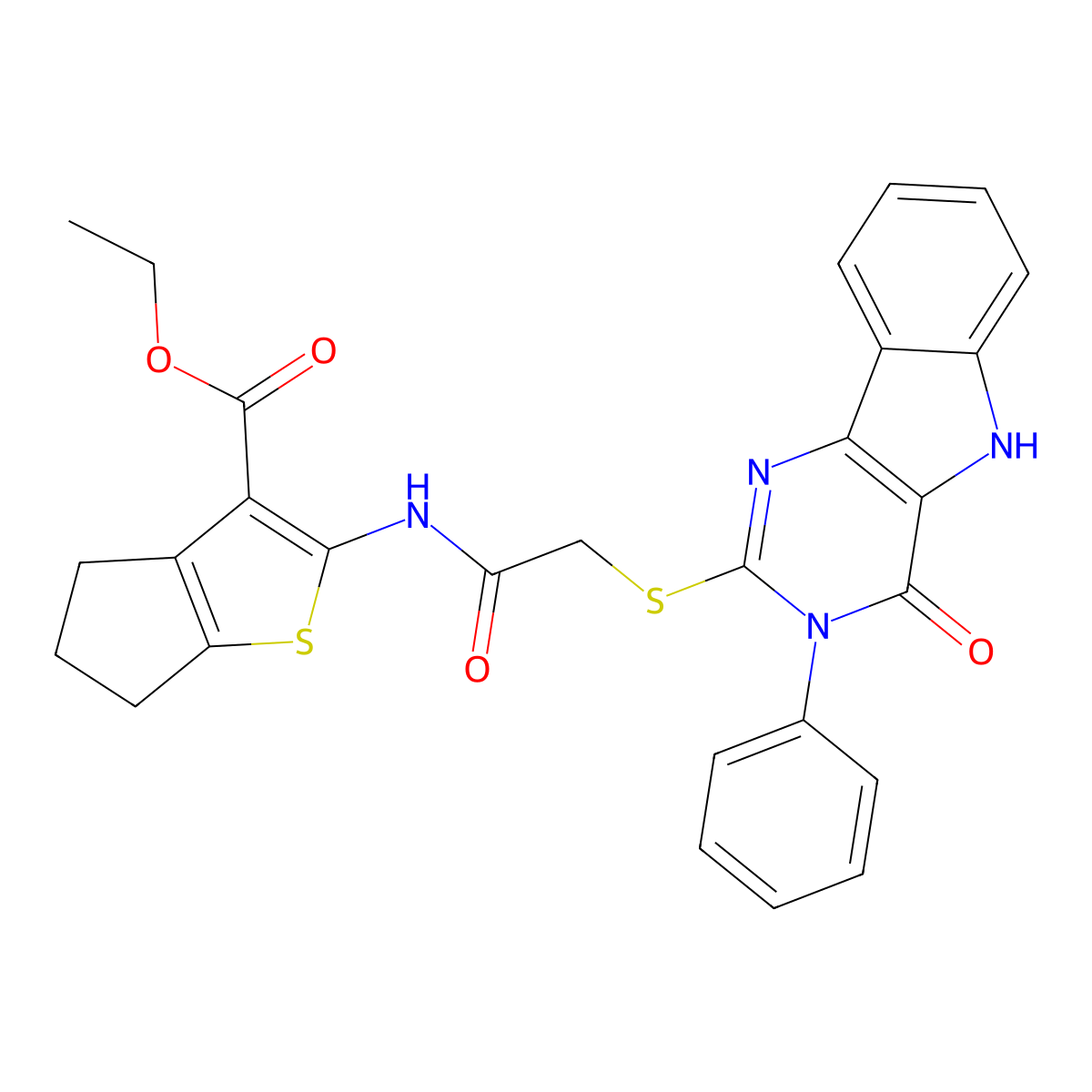 ethyl 2-[[2-[(4-oxo-3-phenyl-5H-pyrimido[5,4-b]indol-2-yl)sulfanyl]acetyl]amino]-5,6-dihydro-4H-cyclopenta[b]thiophene-3-carboxylate molecular structure, CAS 536703-81-8