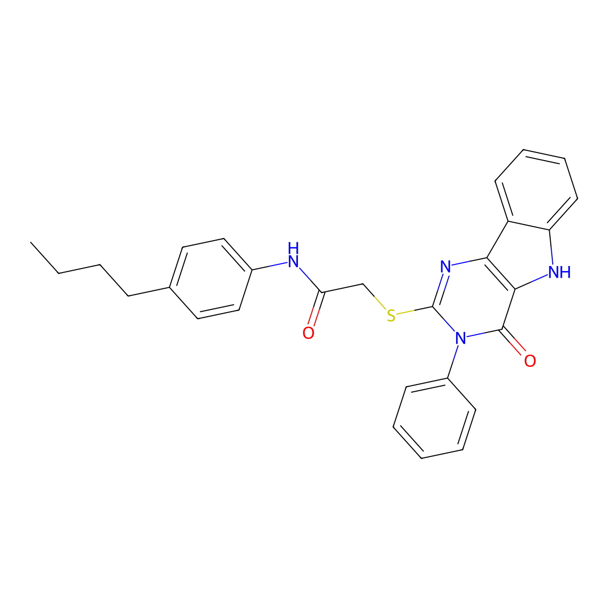 N-(4-butylphenyl)-2-((4-oxo-3-phenyl-4,5-dihydro-3H-pyrimido[5,4-b]indol-2-yl)thio)acetamide molecular structure, CAS 536703-85-2