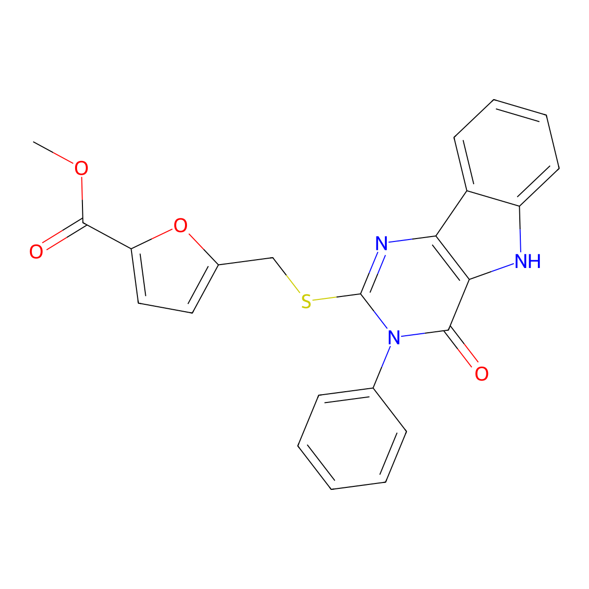 methyl 5-(((4-oxo-3-phenyl-4,5-dihydro-3H-pyrimido[5,4-b]indol-2-yl)thio)methyl)furan-2-carboxylate molecular structure, CAS 536704-15-1