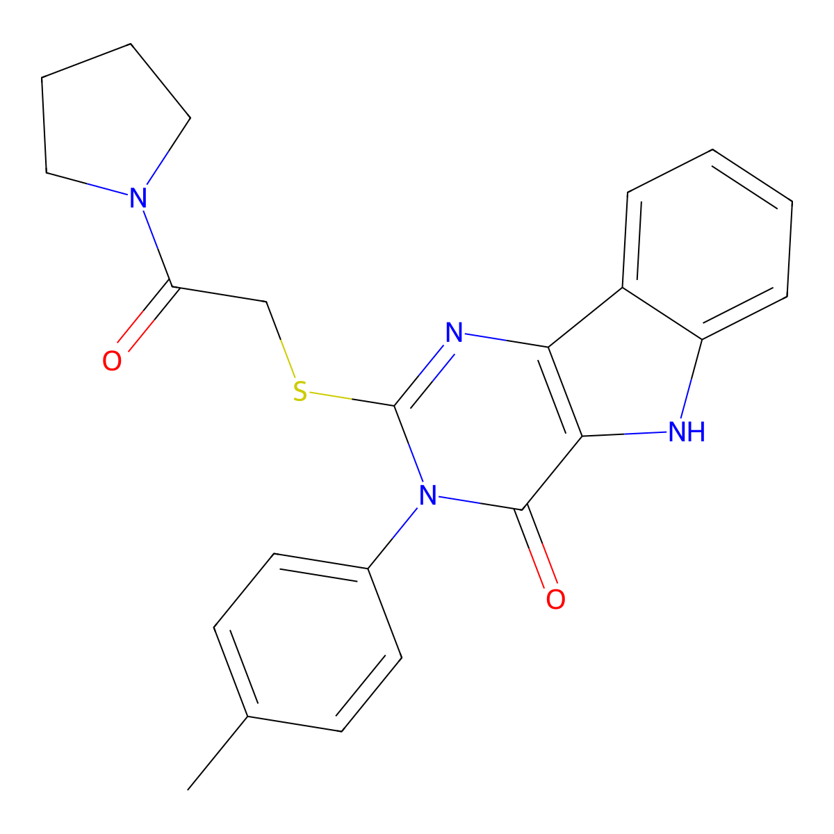 2-((2-oxo-2-(pyrrolidin-1-yl)ethyl)thio)-3-(p-tolyl)-3H-pyrimido[5,4-b]indol-4(5H)-one molecular structure, CAS 536704-35-5