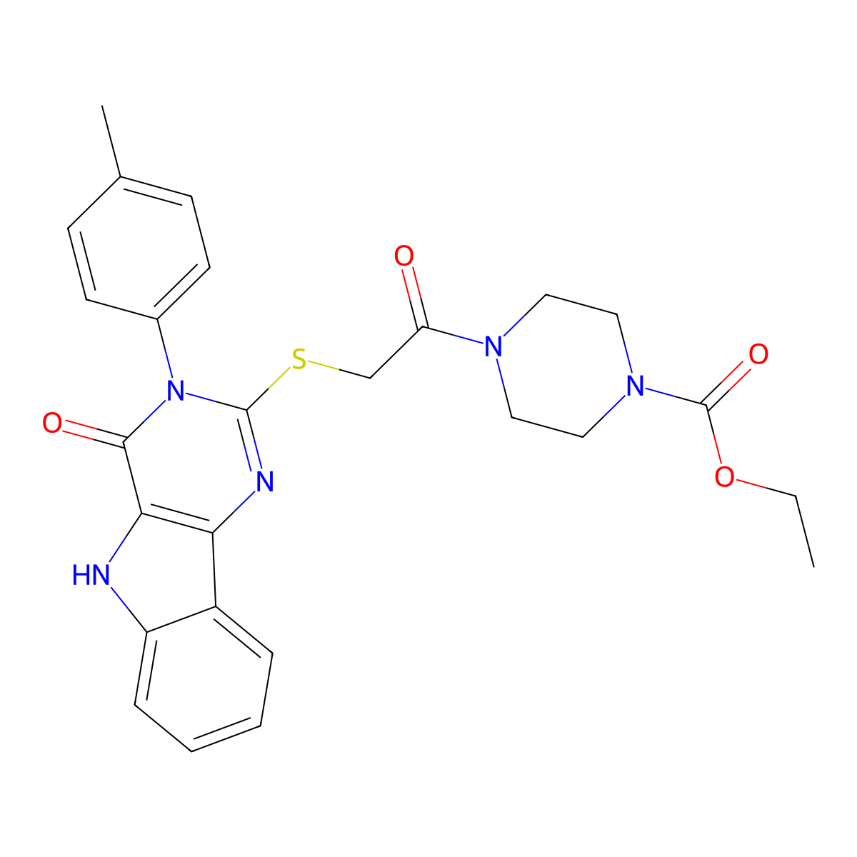 ethyl 4-(2-((4-oxo-3-(p-tolyl)-4,5-dihydro-3H-pyrimido[5,4-b]indol-2-yl)thio)acetyl)piperazine-1-carboxylate molecular structure, CAS 536704-43-5