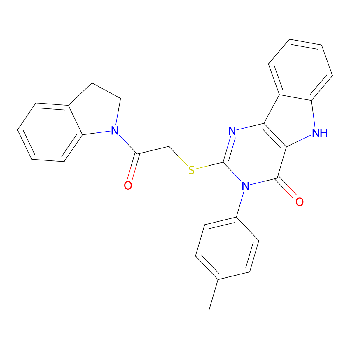 2-((2-(indolin-1-yl)-2-oxoethyl)thio)-3-(p-tolyl)-3H-pyrimido[5,4-b]indol-4(5H)-one molecular structure, CAS 536704-45-7