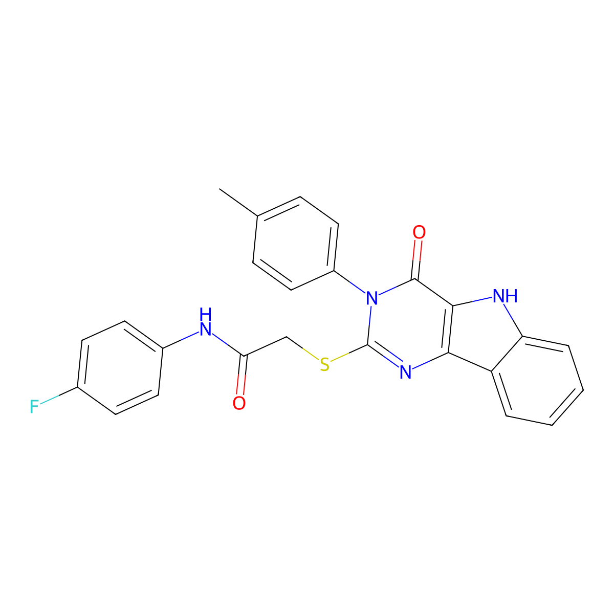 N-(4-fluorophenyl)-2-[[3-(4-methylphenyl)-4-oxo-5H-pyrimido[5,4-b]indol-2-yl]sulfanyl]acetamide molecular structure, CAS 536704-54-8
