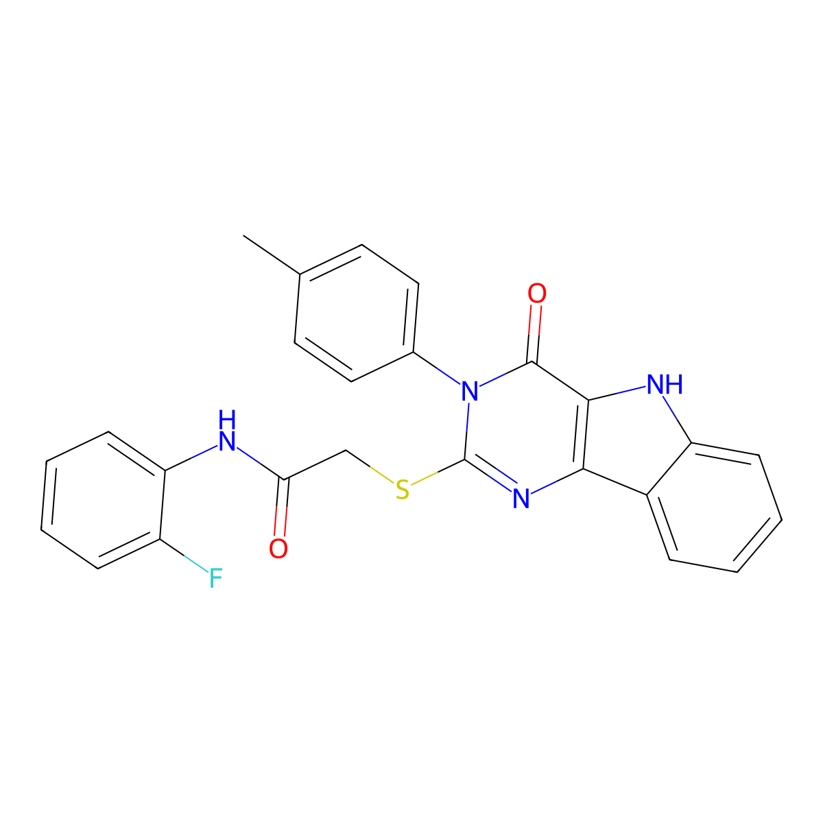 N-(2-fluorophenyl)-2-[[3-(4-methylphenyl)-4-oxo-5H-pyrimido[5,4-b]indol-2-yl]sulfanyl]acetamide molecular structure, CAS 536704-55-9