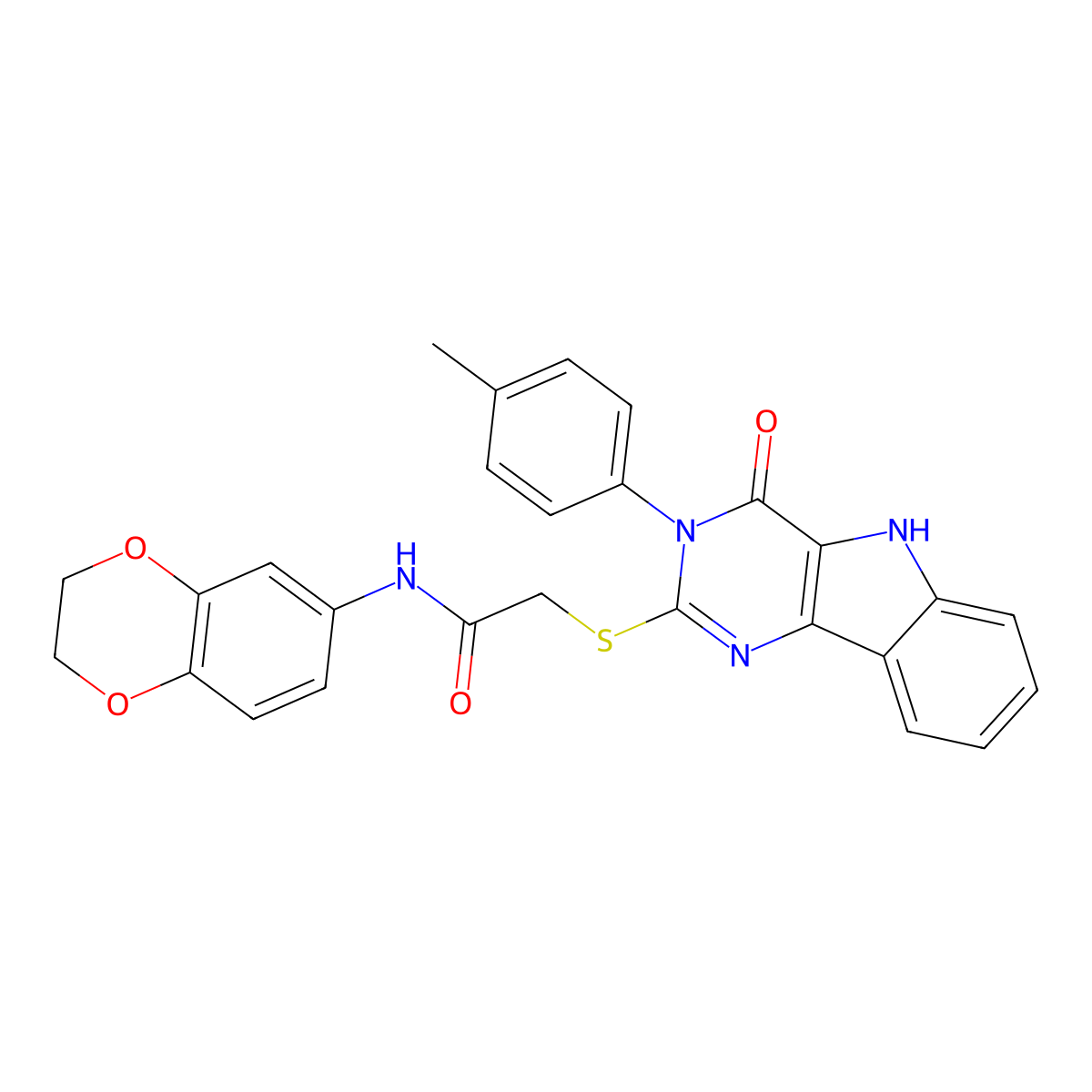 N-(2,3-dihydrobenzo[b][1,4]dioxin-6-yl)-2-((4-oxo-3-(p-tolyl)-4,5-dihydro-3H-pyrimido[5,4-b]indol-2-yl)thio)acetamide molecular structure, CAS 536704-65-1