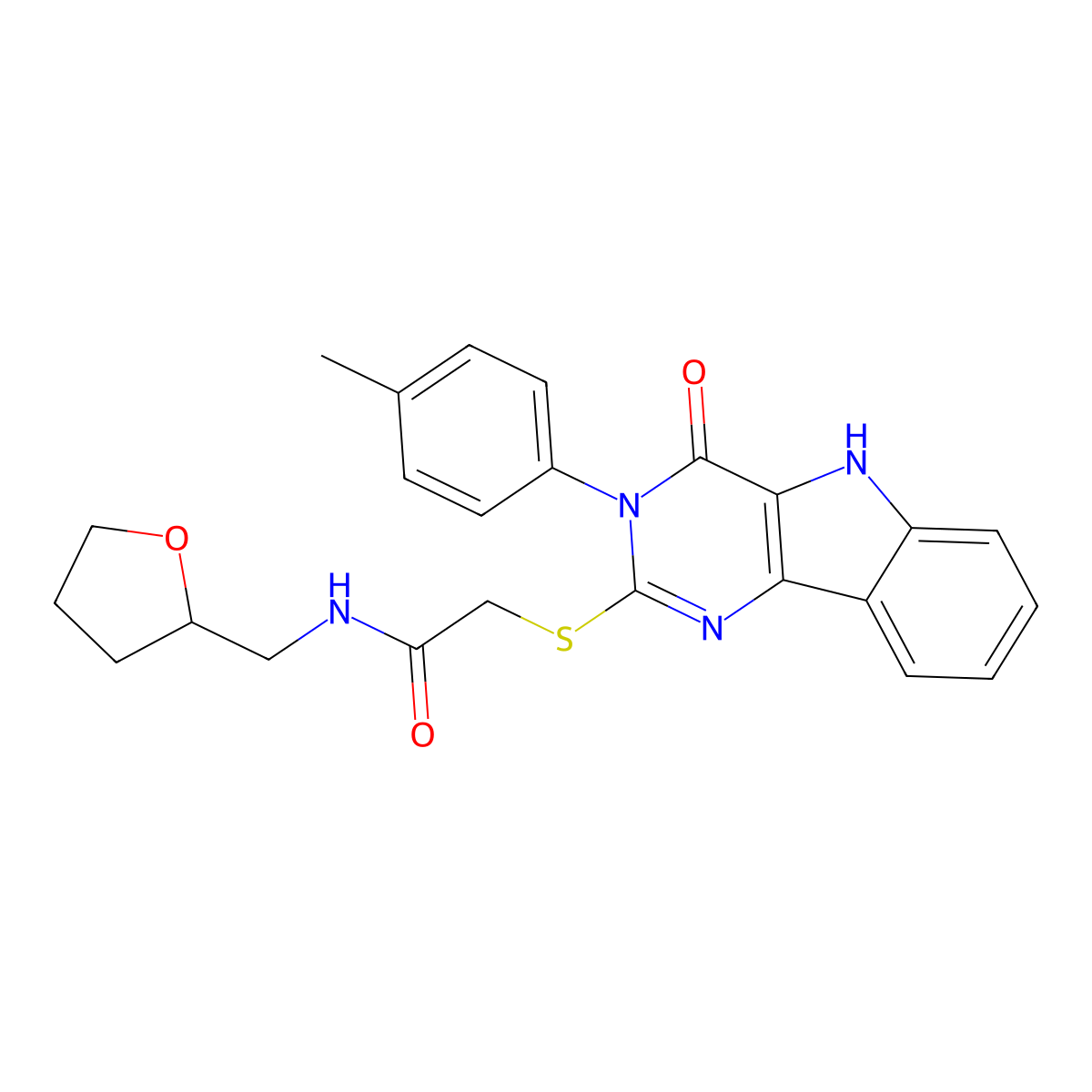 2-((4-oxo-3-(p-tolyl)-4,5-dihydro-3H-pyrimido[5,4-b]indol-2-yl)thio)-N-((tetrahydrofuran-2-yl)methyl)acetamide molecular structure, CAS 536704-70-8