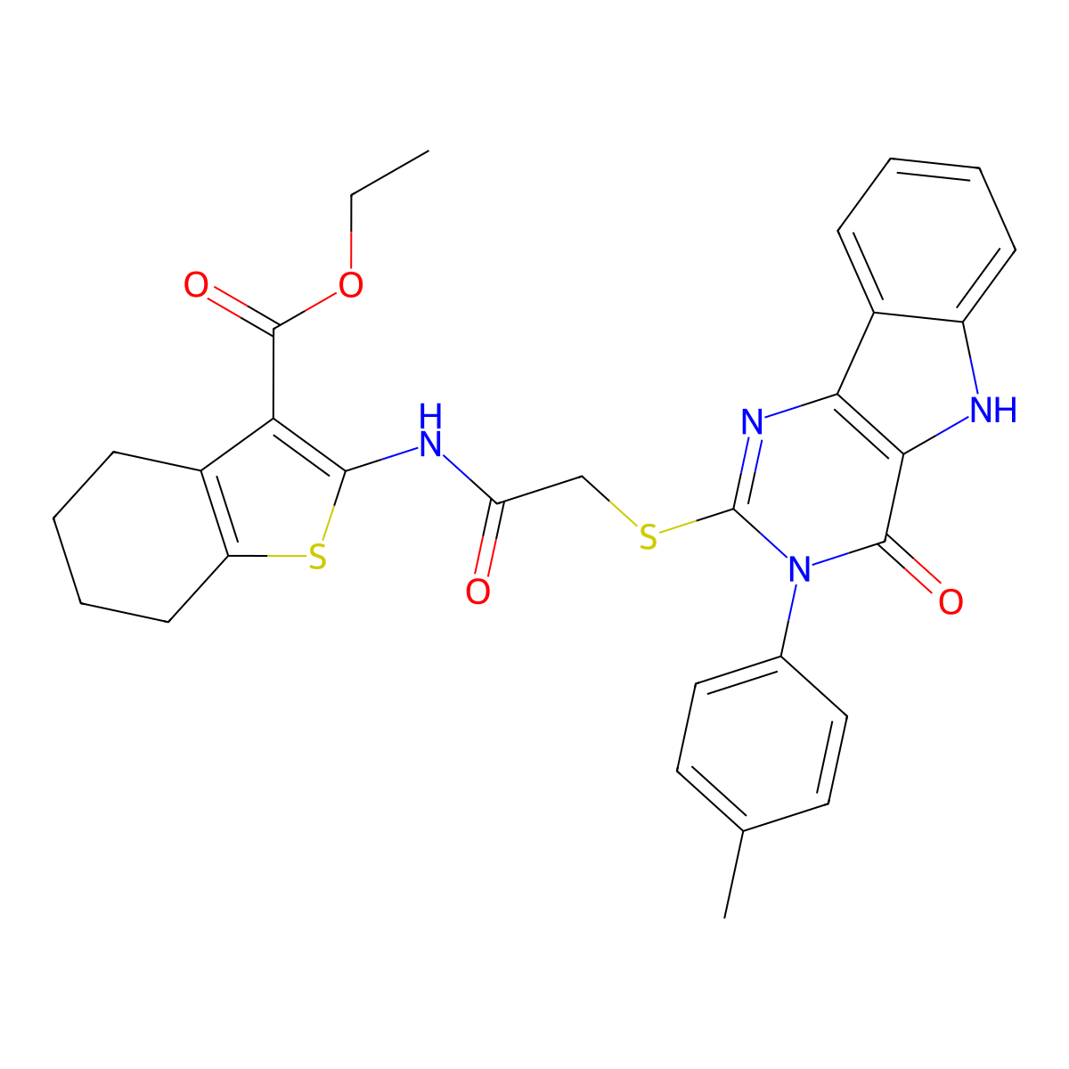ethyl 2-(2-((4-oxo-3-(p-tolyl)-4,5-dihydro-3H-pyrimido[5,4-b]indol-2-yl)thio)acetamido)-4,5,6,7-tetrahydrobenzo[b]thiophene-3-carboxylate molecular structure, CAS 536704-75-3