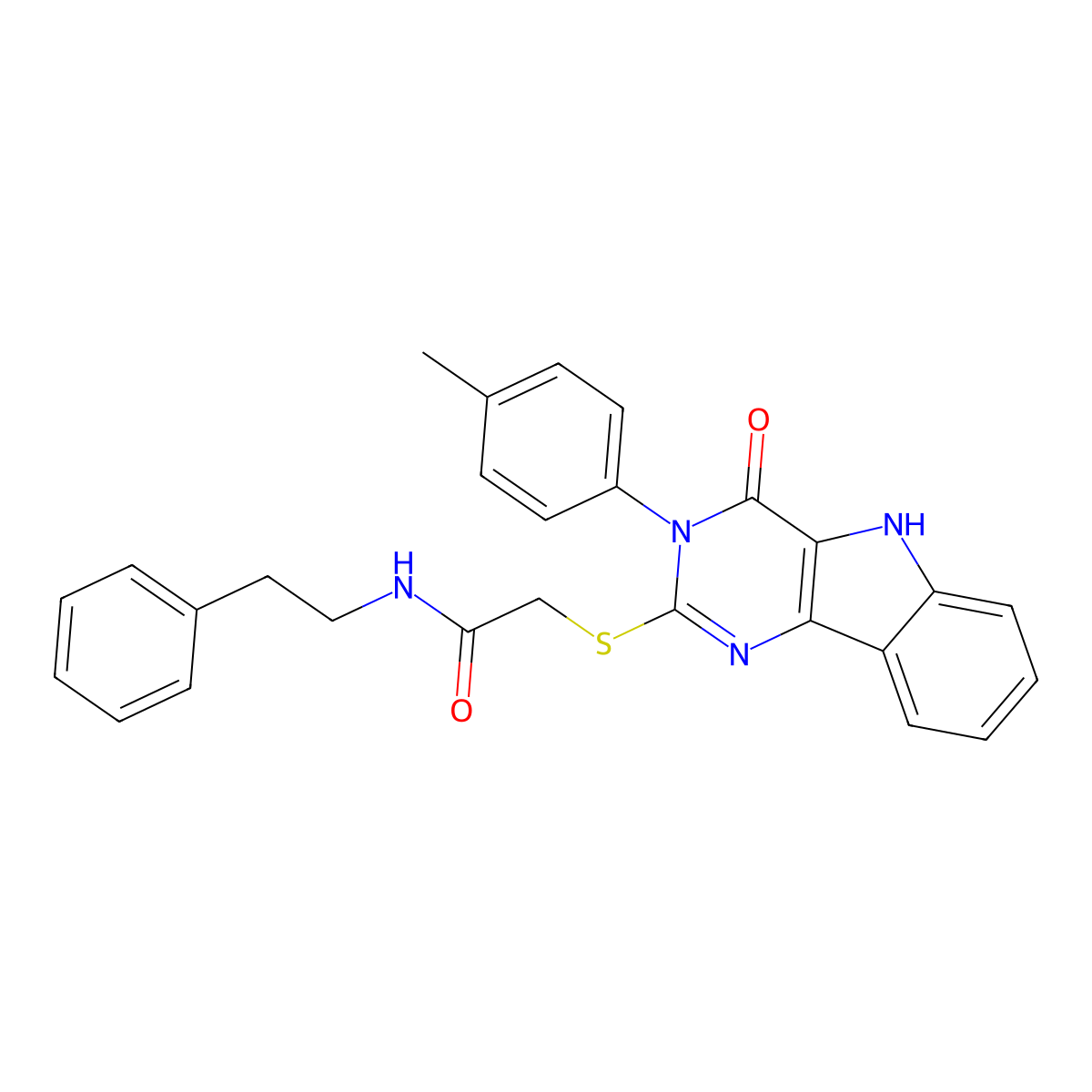 2-((4-oxo-3-(p-tolyl)-4,5-dihydro-3H-pyrimido[5,4-b]indol-2-yl)thio)-N-phenethylacetamide molecular structure, CAS 536704-86-6