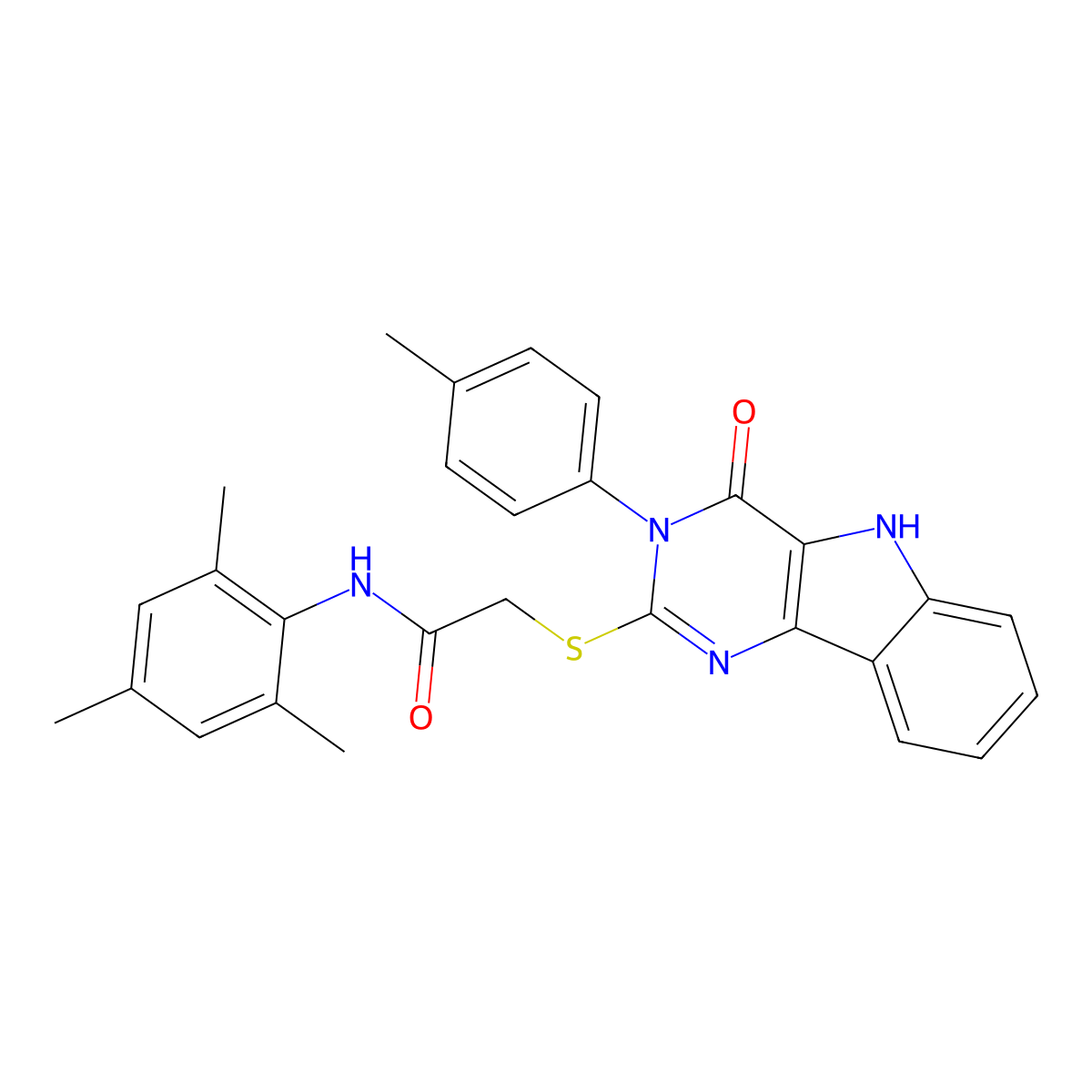 N-mesityl-2-((4-oxo-3-(p-tolyl)-4,5-dihydro-3H-pyrimido[5,4-b]indol-2-yl)thio)acetamide molecular structure, CAS 536704-91-3