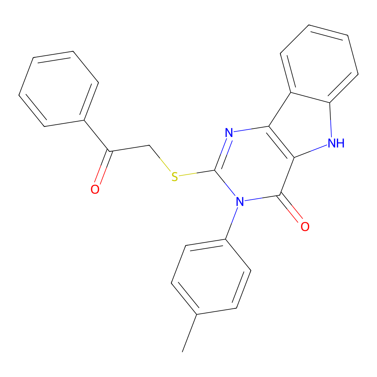 2-((2-oxo-2-phenylethyl)thio)-3-(p-tolyl)-3H-pyrimido[5,4-b]indol-4(5H)-one molecular structure, CAS 536705-16-5