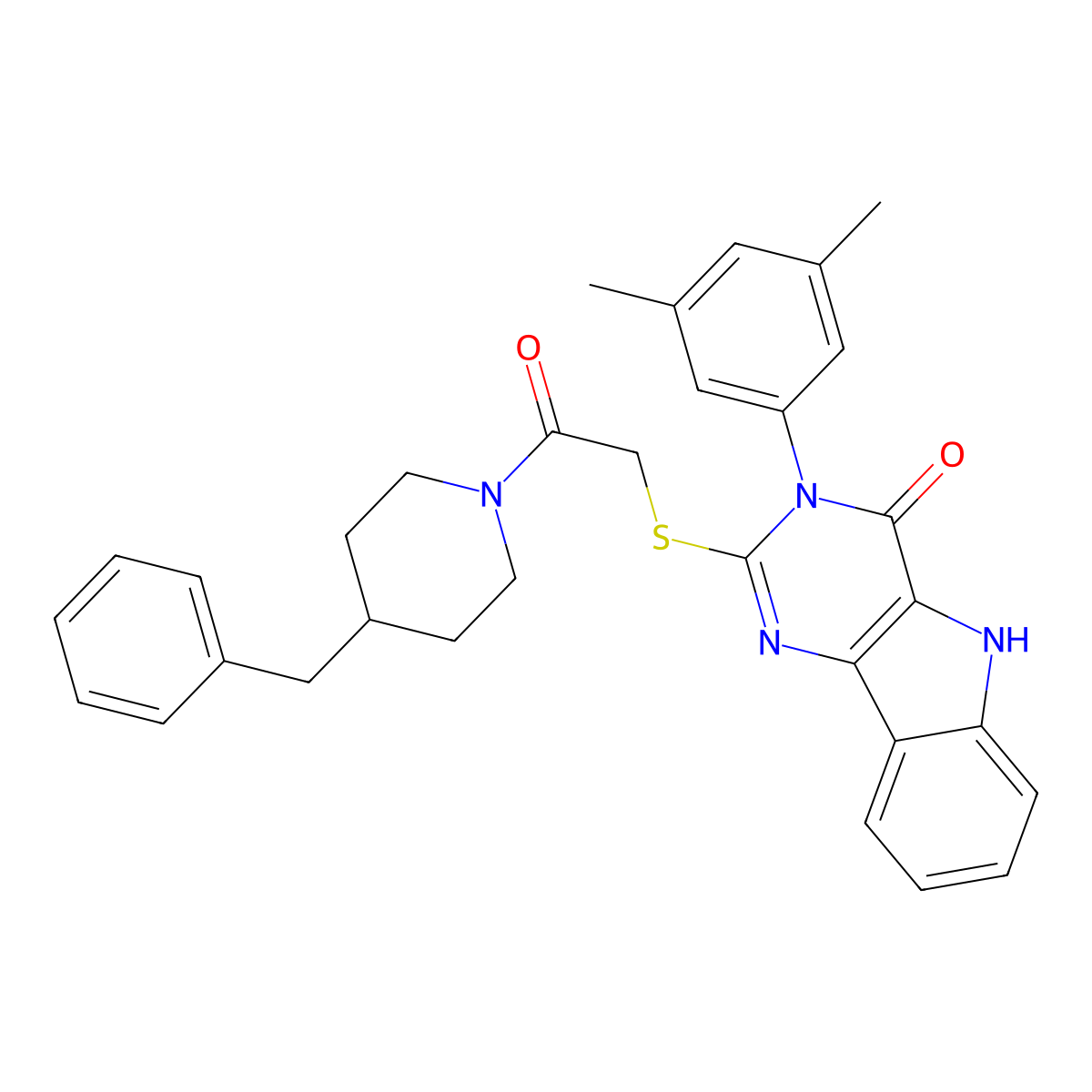 2-((2-(4-benzylpiperidin-1-yl)-2-oxoethyl)thio)-3-(3,5-dimethylphenyl)-3H-pyrimido[5,4-b]indol-4(5H)-one molecular structure, CAS 536705-37-0