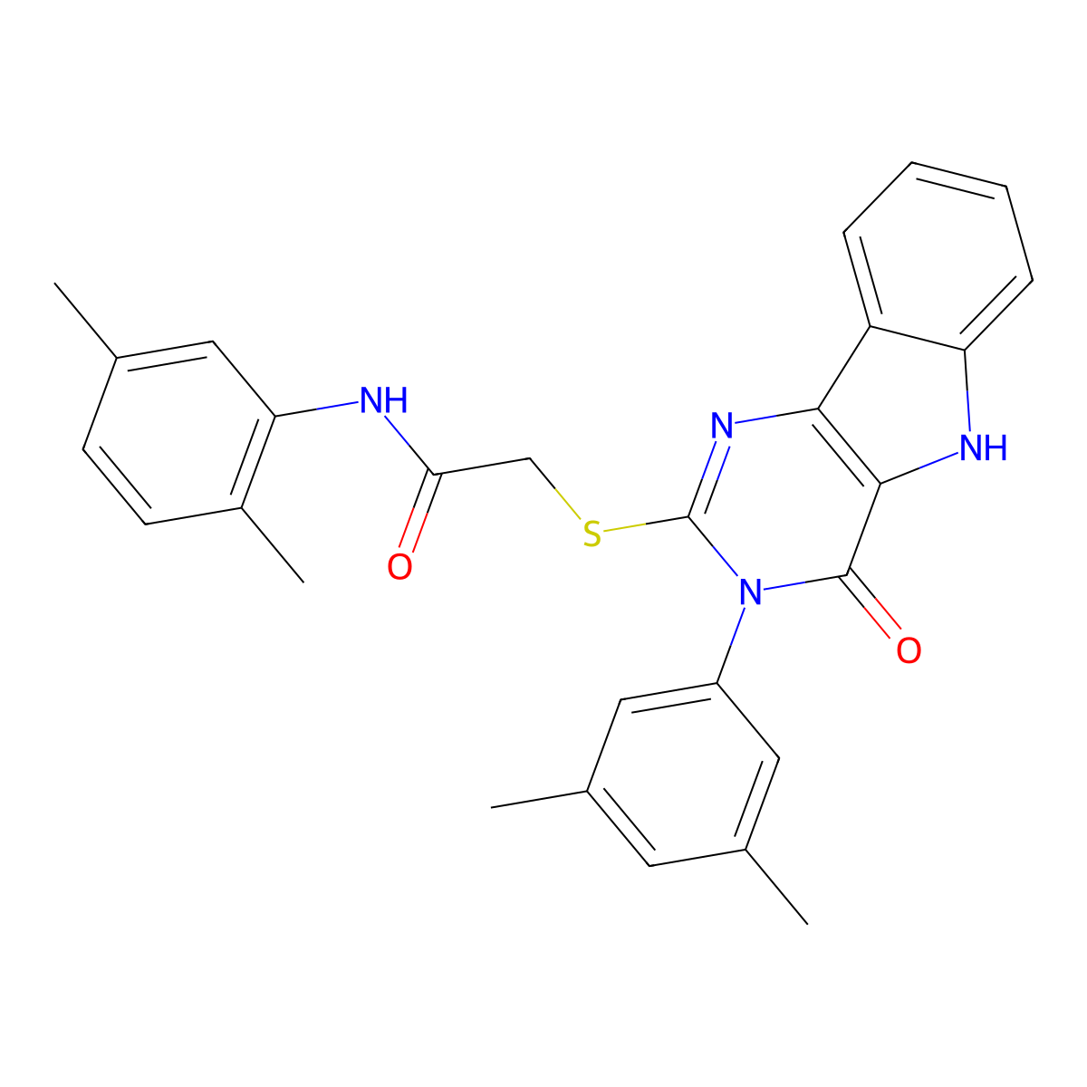 N-(2,5-dimethylphenyl)-2-((3-(3,5-dimethylphenyl)-4-oxo-4,5-dihydro-3H-pyrimido[5,4-b]indol-2-yl)thio)acetamide molecular structure, CAS 536705-54-1
