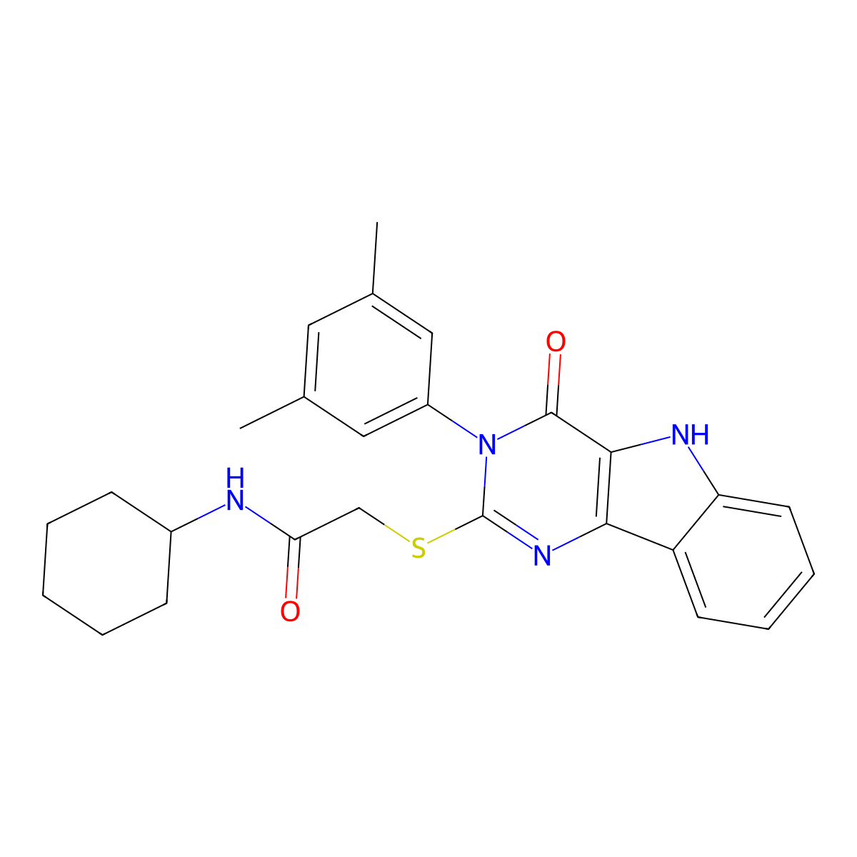 N-cyclohexyl-2-((3-(3,5-dimethylphenyl)-4-oxo-4,5-dihydro-3H-pyrimido[5,4-b]indol-2-yl)thio)acetamide molecular structure, CAS 536705-58-5