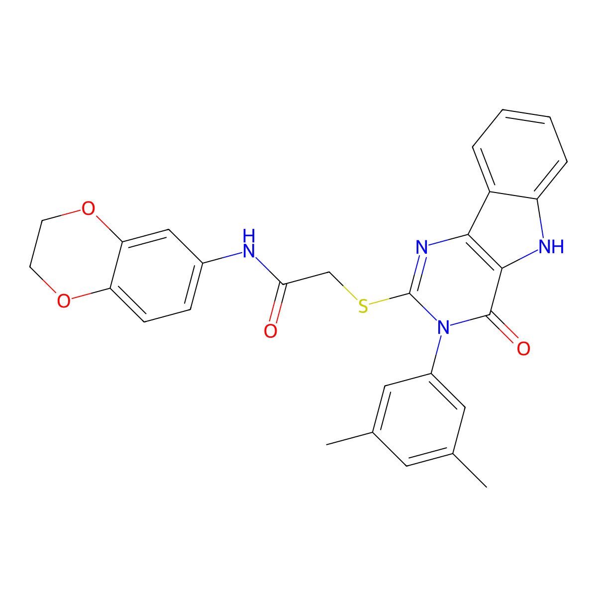 N-(2,3-dihydrobenzo[b][1,4]dioxin-6-yl)-2-((3-(3,5-dimethylphenyl)-4-oxo-4,5-dihydro-3H-pyrimido[5,4-b]indol-2-yl)thio)acetamide molecular structure, CAS 536705-59-6