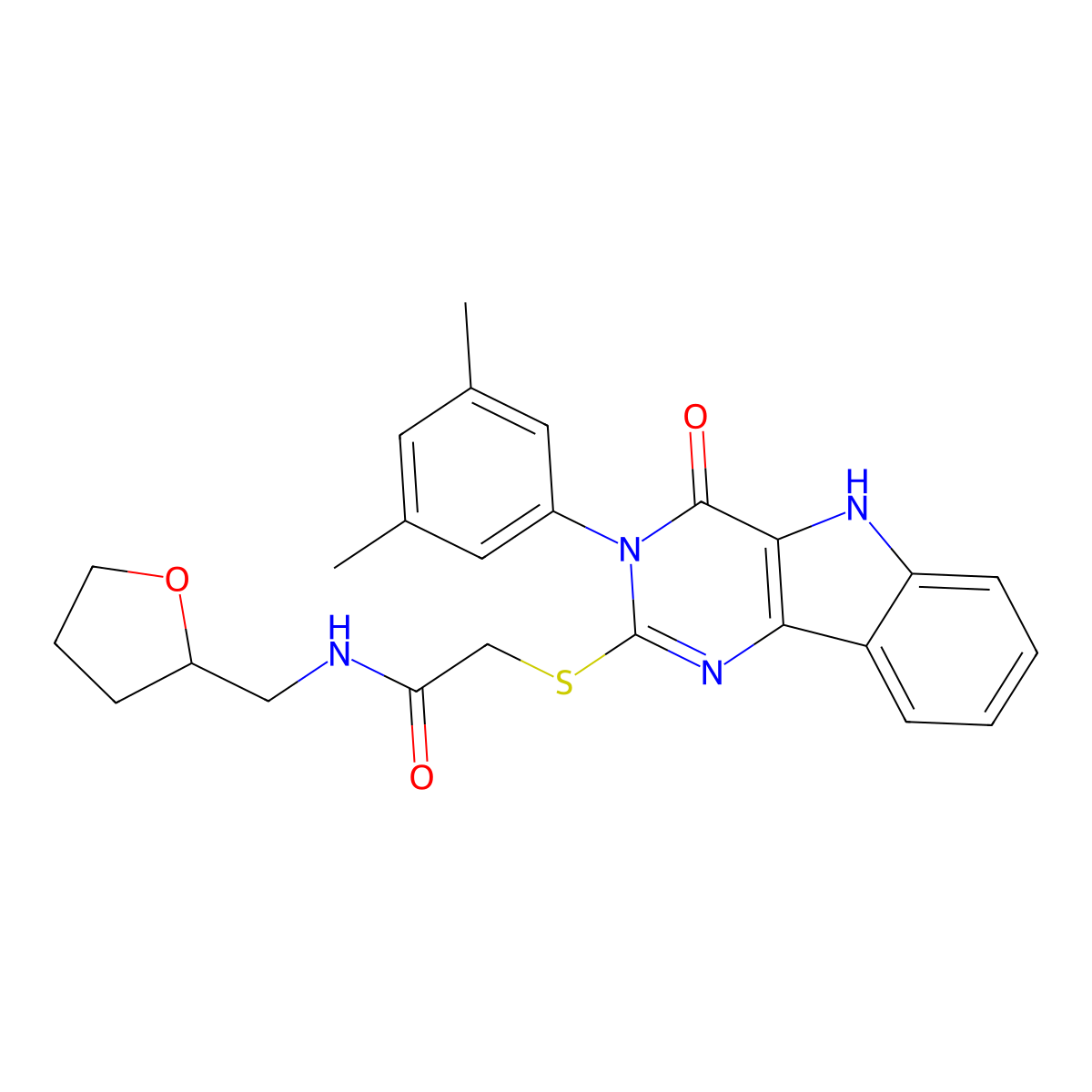 2-((3-(3,5-dimethylphenyl)-4-oxo-4,5-dihydro-3H-pyrimido[5,4-b]indol-2-yl)thio)-N-((tetrahydrofuran-2-yl)methyl)acetamide molecular structure, CAS 536705-64-3