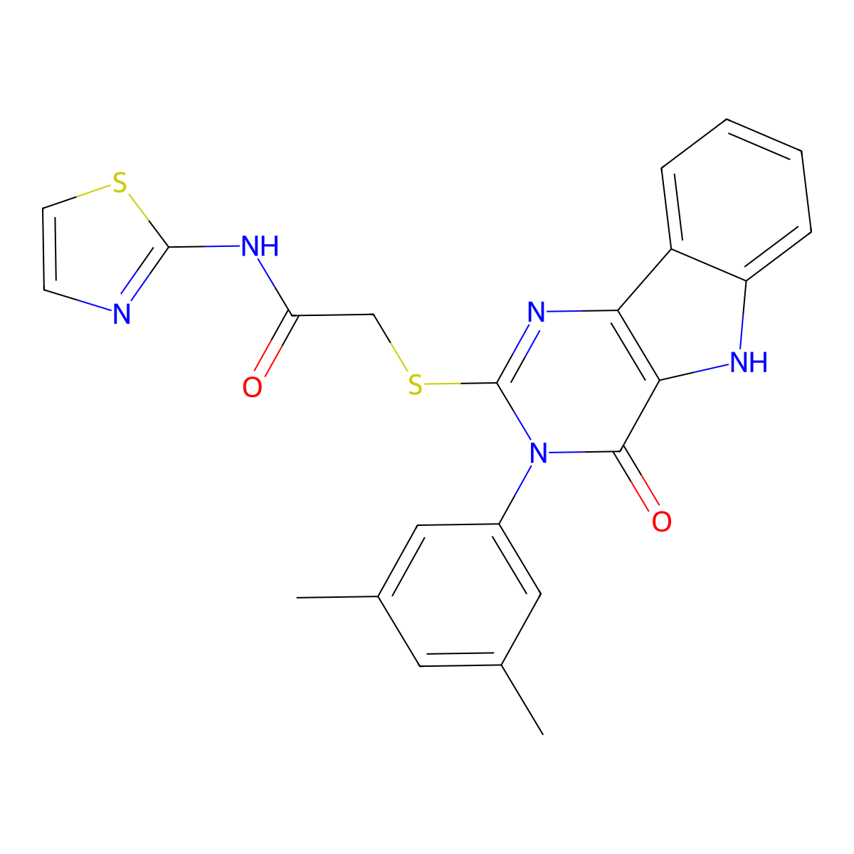 2-((3-(3,5-dimethylphenyl)-4-oxo-4,5-dihydro-3H-pyrimido[5,4-b]indol-2-yl)thio)-N-(thiazol-2-yl)acetamide molecular structure, CAS 536705-67-6