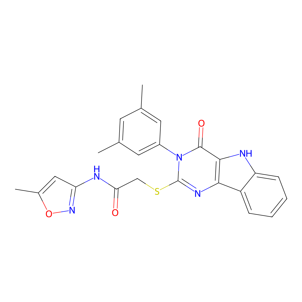 2-((3-(3,5-dimethylphenyl)-4-oxo-4,5-dihydro-3H-pyrimido[5,4-b]indol-2-yl)thio)-N-(5-methylisoxazol-3-yl)acetamide molecular structure, CAS 536705-68-7