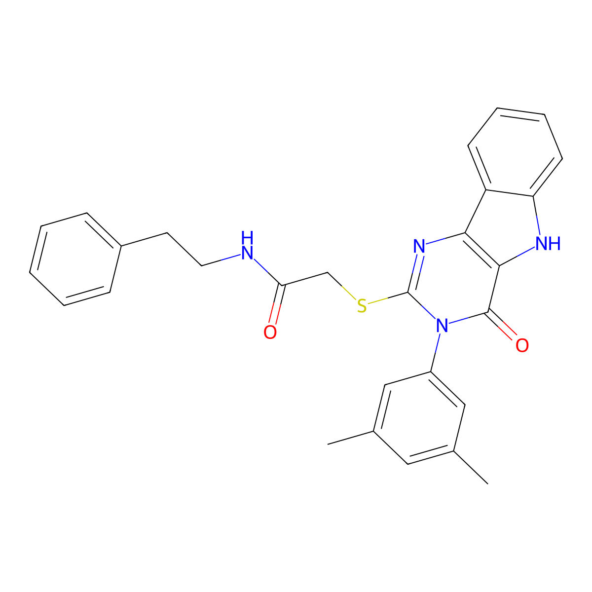 2-((3-(3,5-dimethylphenyl)-4-oxo-4,5-dihydro-3H-pyrimido[5,4-b]indol-2-yl)thio)-N-phenethylacetamide molecular structure, CAS 536705-80-3