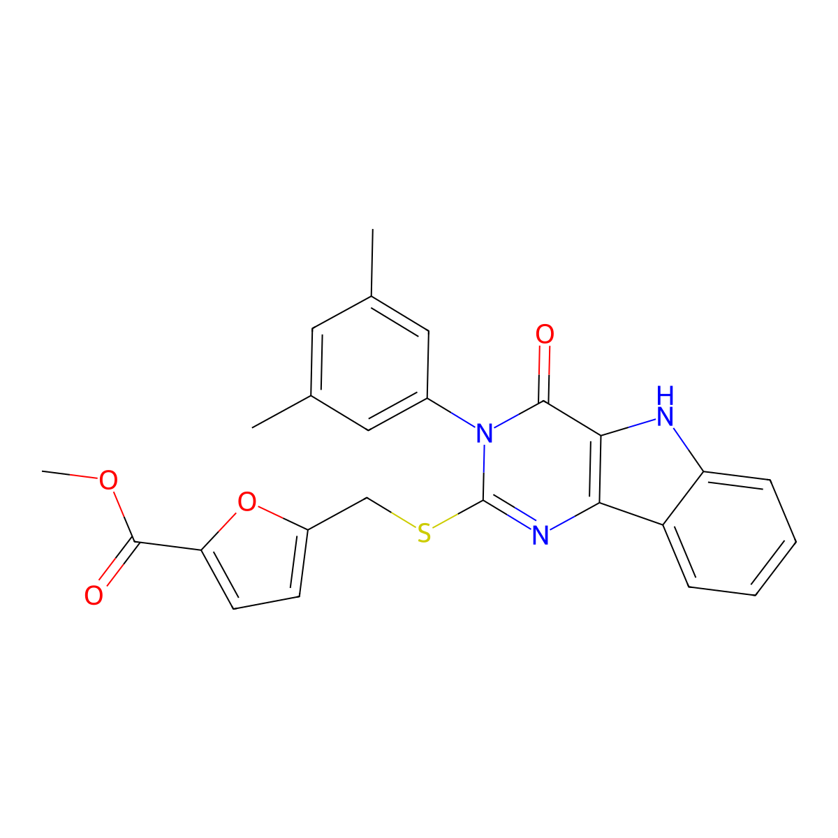 methyl 5-(((3-(3,5-dimethylphenyl)-4-oxo-4,5-dihydro-3H-pyrimido[5,4-b]indol-2-yl)thio)methyl)furan-2-carboxylate molecular structure, CAS 536706-04-4