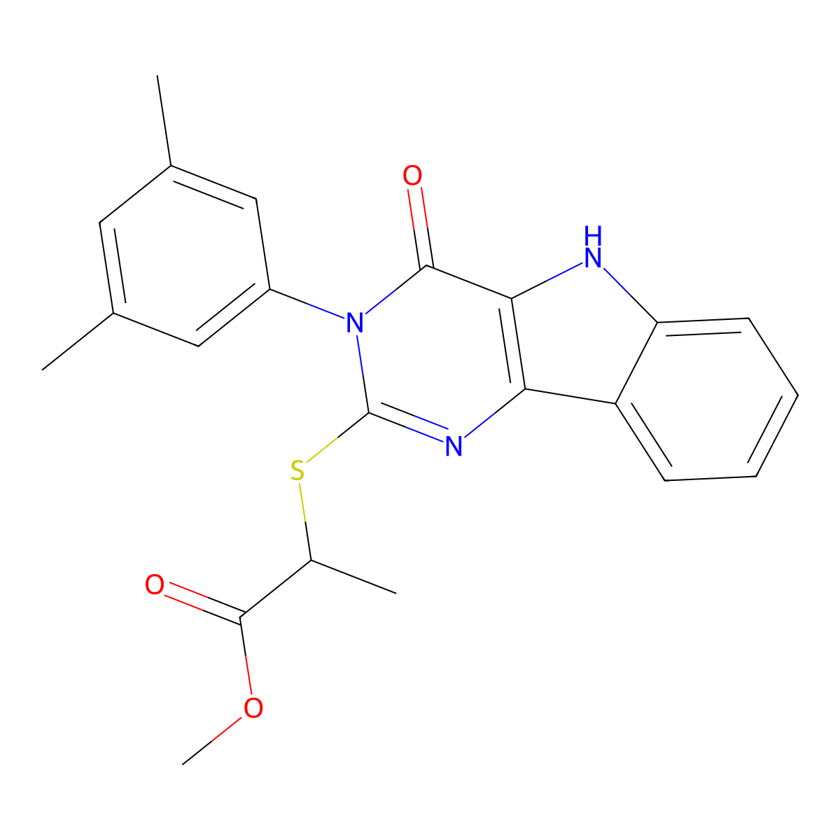 methyl 2-((3-(3,5-dimethylphenyl)-4-oxo-4,5-dihydro-3H-pyrimido[5,4-b]indol-2-yl)thio)propanoate molecular structure, CAS 536706-08-8