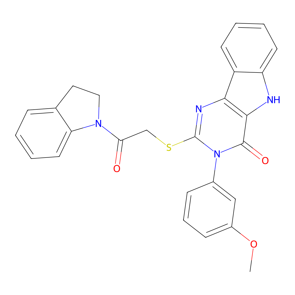 2-((2-(indolin-1-yl)-2-oxoethyl)thio)-3-(3-methoxyphenyl)-3H-pyrimido[5,4-b]indol-4(5H)-one molecular structure, CAS 536706-34-0
