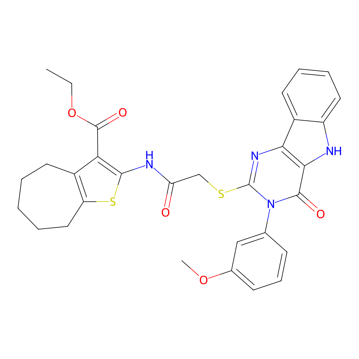 ethyl 2-[[2-[[3-(3-methoxyphenyl)-4-oxo-5H-pyrimido[5,4-b]indol-2-yl]sulfanyl]acetyl]amino]-5,6,7,8-tetrahydro-4H-cyclohepta[b]thiophene-3-carboxylate molecular structure, CAS 536706-65-7