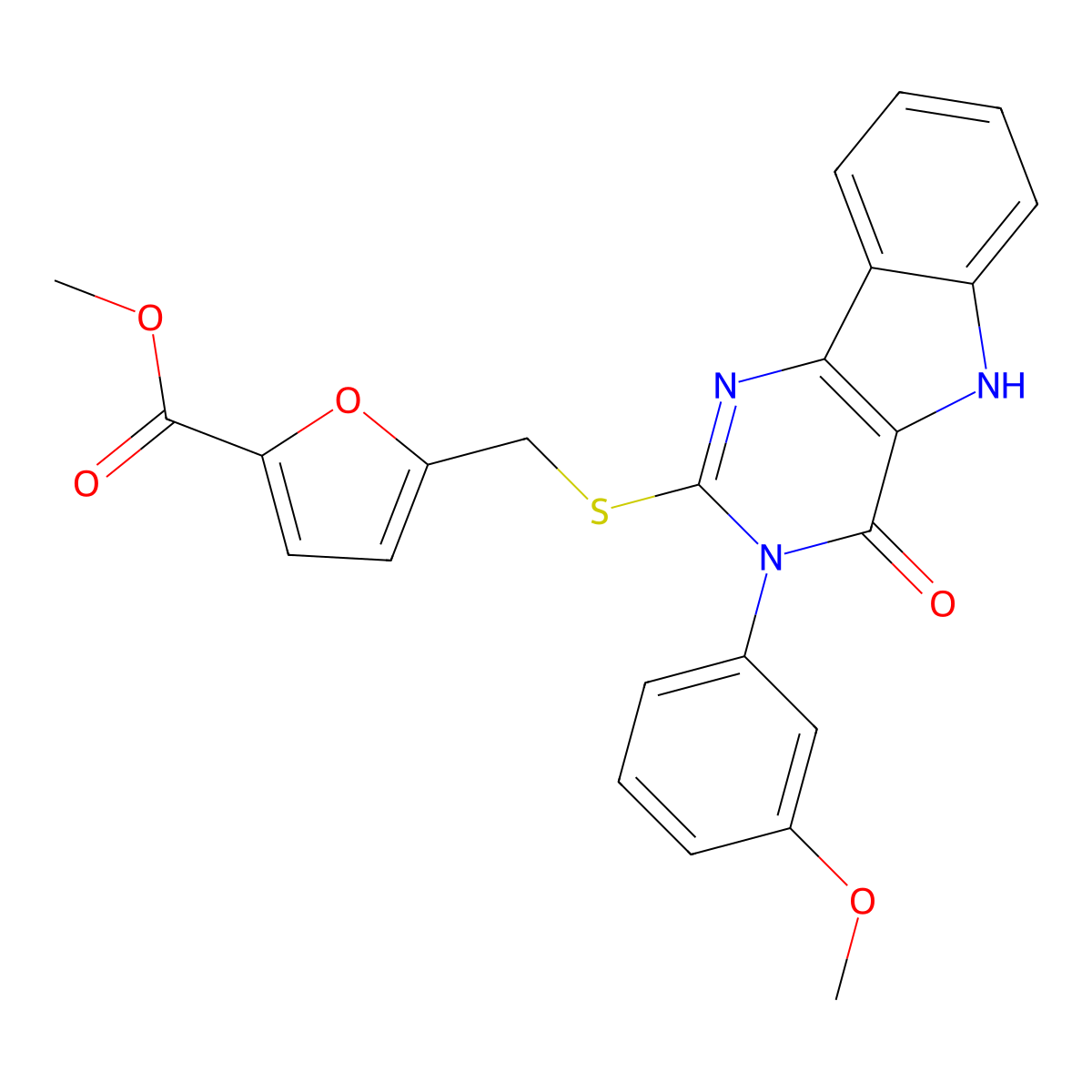 methyl 5-(((3-(3-methoxyphenyl)-4-oxo-4,5-dihydro-3H-pyrimido[5,4-b]indol-2-yl)thio)methyl)furan-2-carboxylate molecular structure, CAS 536706-98-6