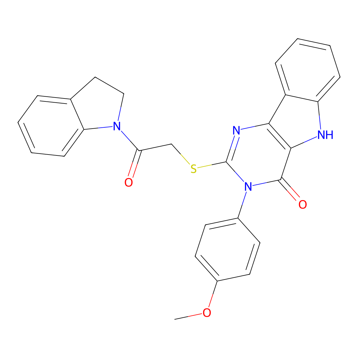 2-((2-(indolin-1-yl)-2-oxoethyl)thio)-3-(4-methoxyphenyl)-3H-pyrimido[5,4-b]indol-4(5H)-one molecular structure, CAS 536707-28-5