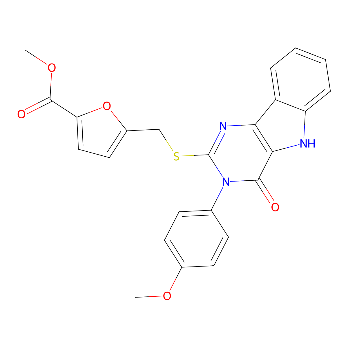methyl 5-(((3-(4-methoxyphenyl)-4-oxo-4,5-dihydro-3H-pyrimido[5,4-b]indol-2-yl)thio)methyl)furan-2-carboxylate molecular structure, CAS 536707-92-3