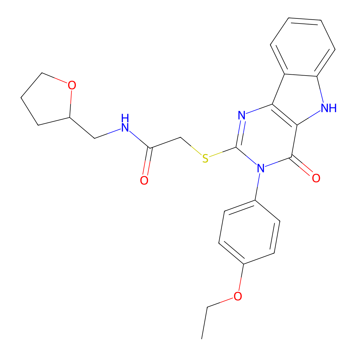 2-((3-(4-ethoxyphenyl)-4-oxo-4,5-dihydro-3H-pyrimido[5,4-b]indol-2-yl)thio)-N-((tetrahydrofuran-2-yl)methyl)acetamide molecular structure, CAS 536708-46-0