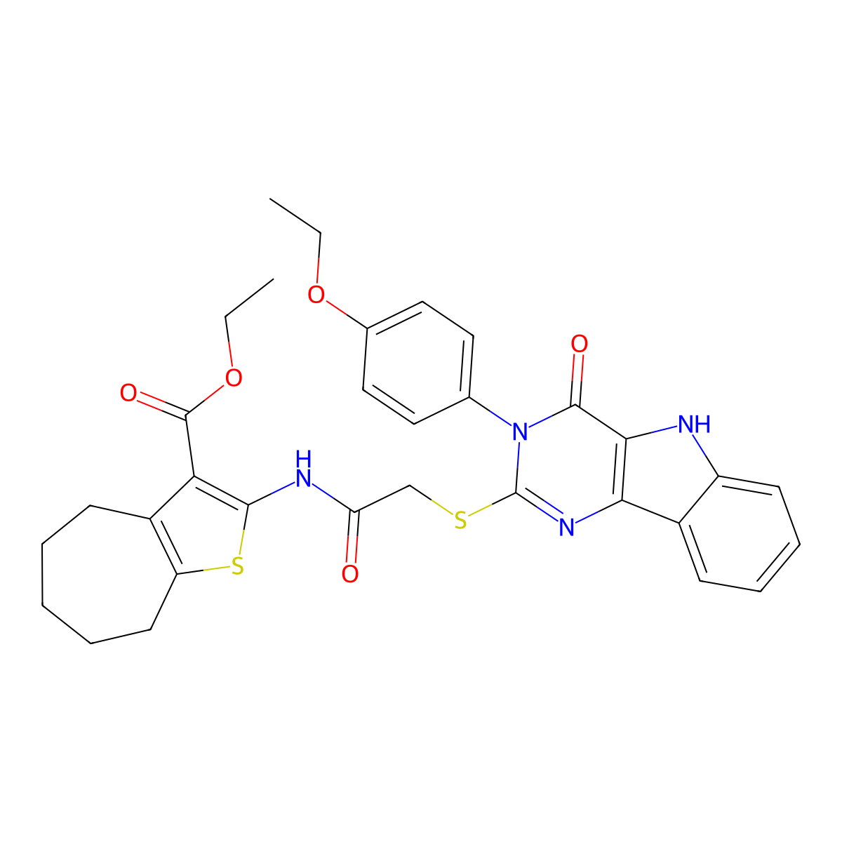 ethyl 2-[[2-[[3-(4-ethoxyphenyl)-4-oxo-5H-pyrimido[5,4-b]indol-2-yl]sulfanyl]acetyl]amino]-5,6,7,8-tetrahydro-4H-cyclohepta[b]thiophene-3-carboxylate molecular structure, CAS 536708-53-9