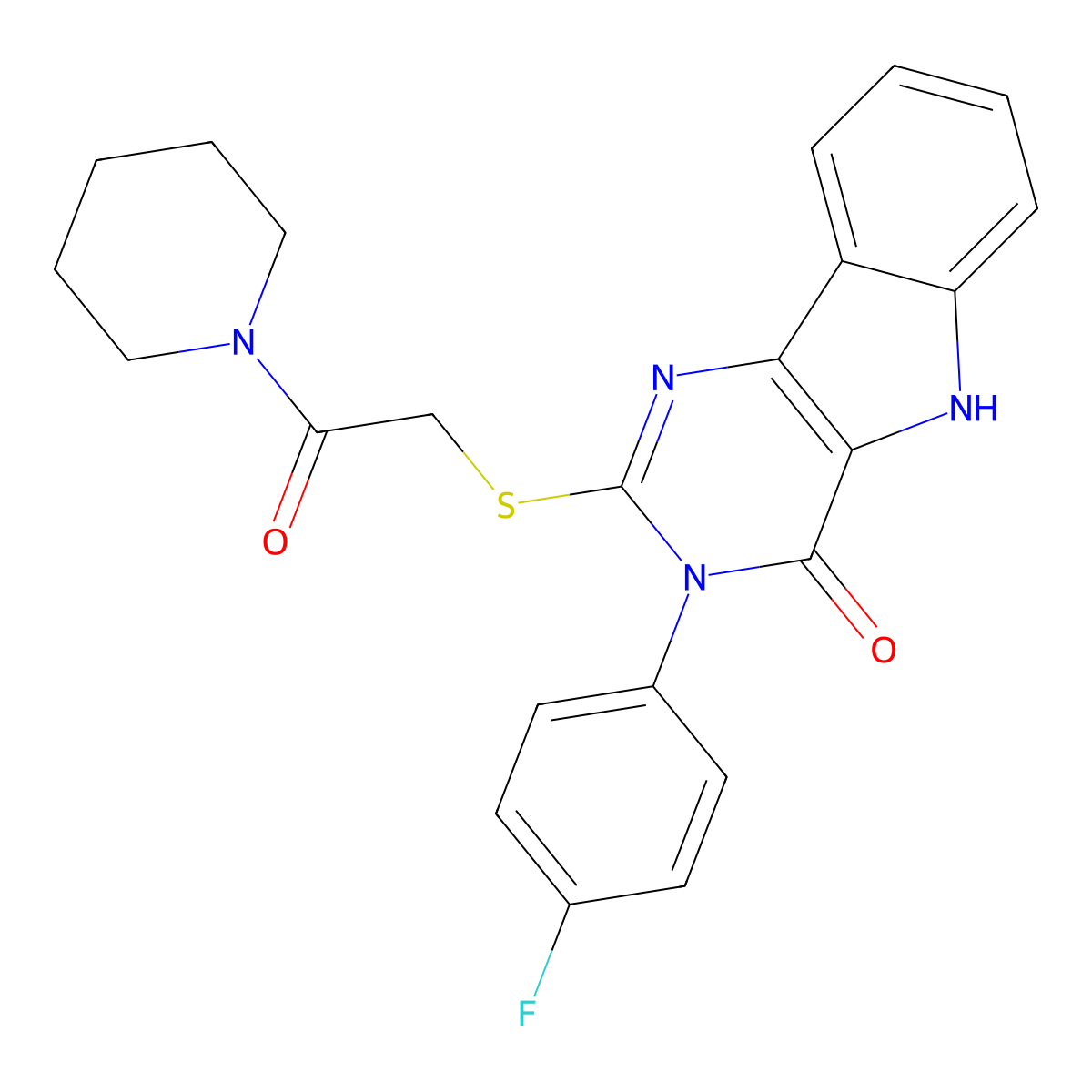 3-(4-fluorophenyl)-2-(2-oxo-2-piperidin-1-ylethyl)sulfanyl-5H-pyrimido[5,4-b]indol-4-one molecular structure, CAS 536710-64-2
