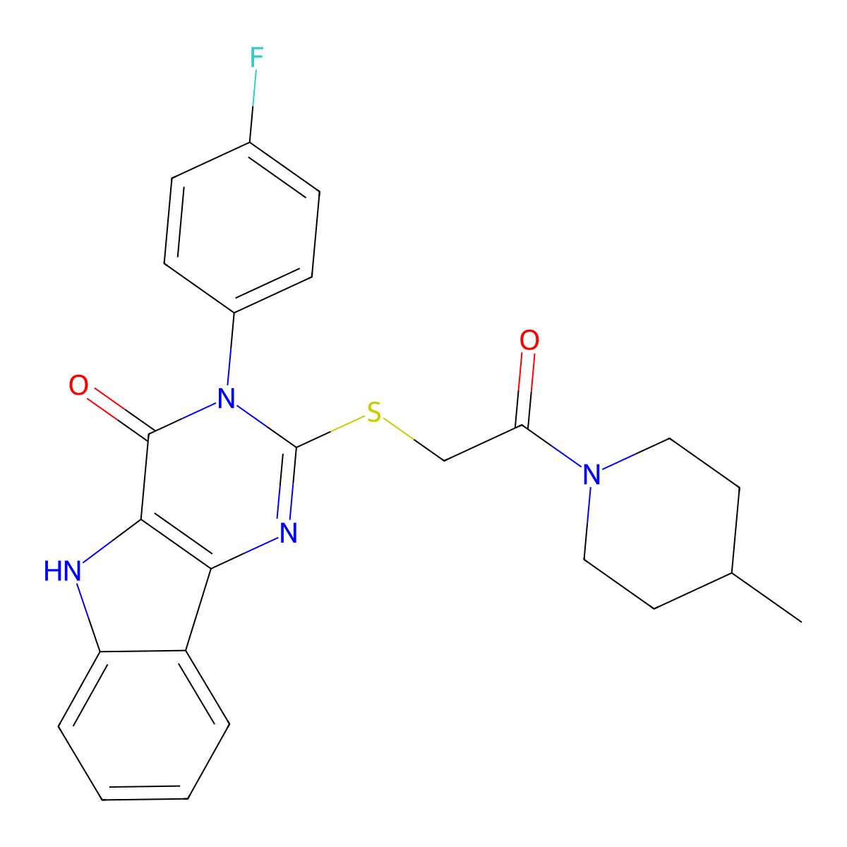 3-(4-fluorophenyl)-2-[2-(4-methylpiperidin-1-yl)-2-oxoethyl]sulfanyl-5H-pyrimido[5,4-b]indol-4-one molecular structure, CAS 536710-69-7
