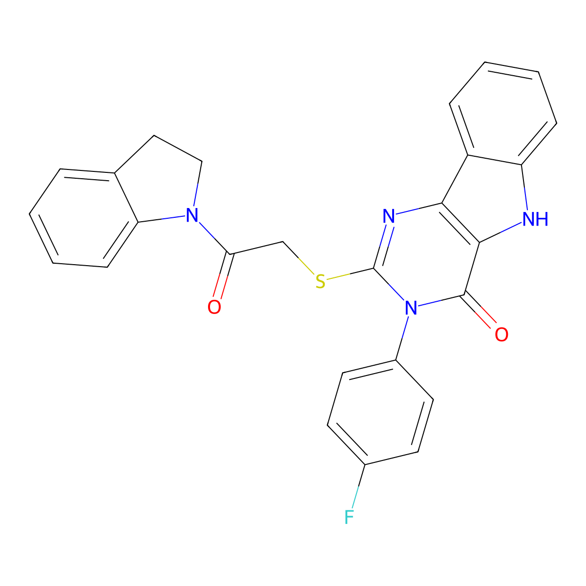 2-[2-(2,3-dihydroindol-1-yl)-2-oxoethyl]sulfanyl-3-(4-fluorophenyl)-5H-pyrimido[5,4-b]indol-4-one molecular structure, CAS 536710-80-2