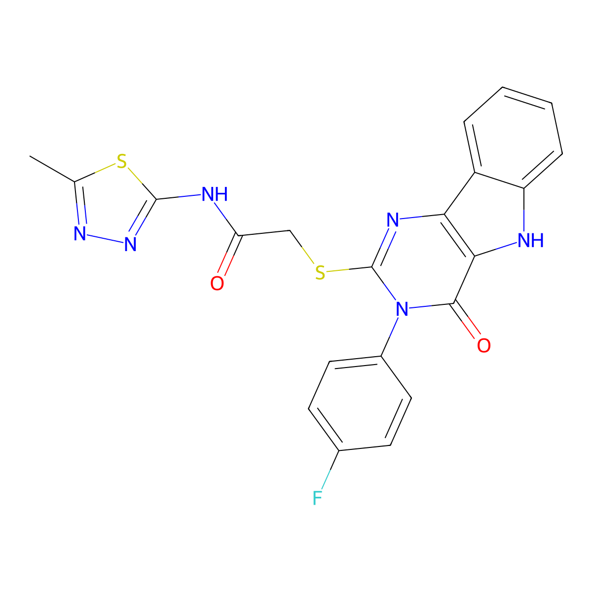 2-((3-(4-fluorophenyl)-4-oxo-4,5-dihydro-3H-pyrimido[5,4-b]indol-2-yl)thio)-N-(5-methyl-1,3,4-thiadiazol-2-yl)acetamide molecular structure, CAS 536710-81-3